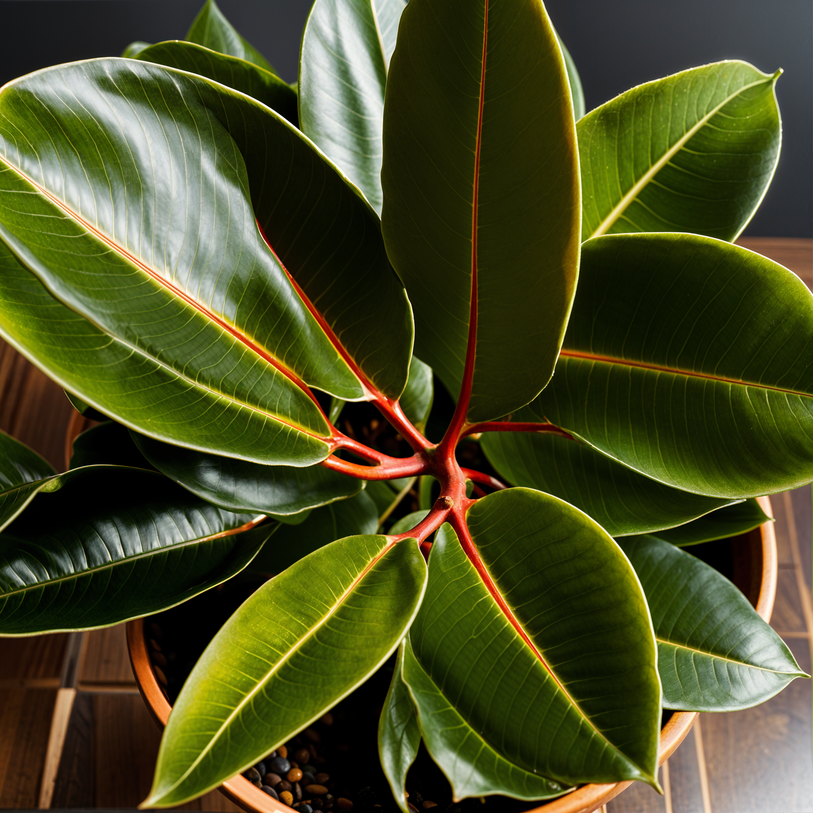 Highly detailed Ficus elastica, or rubber tree, in a planter with clear lighting and a dark background.