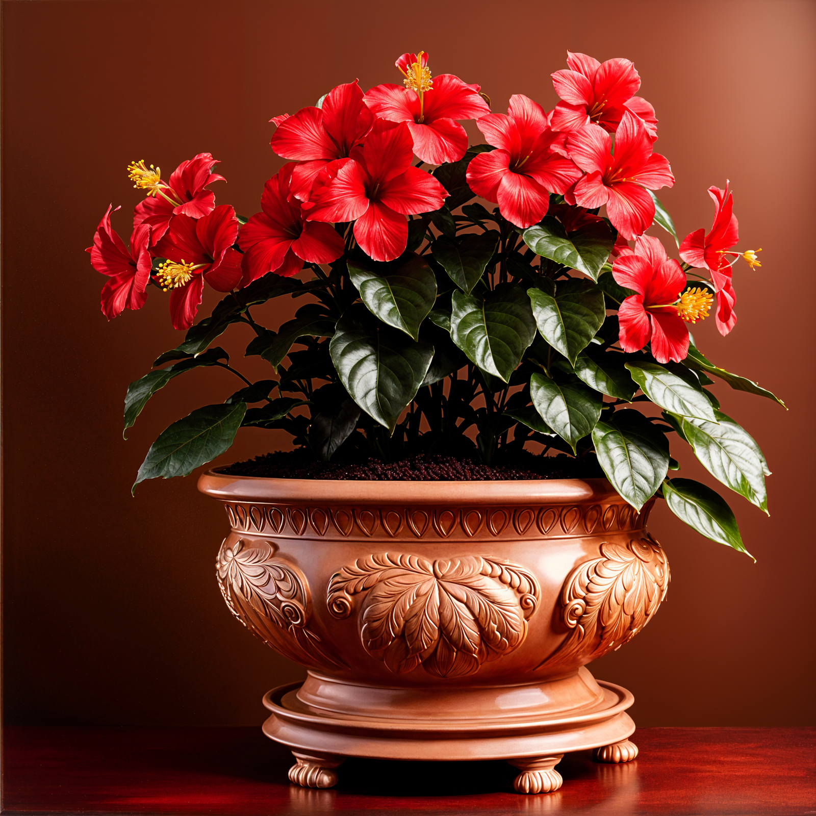 Highly detailed Hibiscus rosa-sinensis in a planter, with a flower, against a dark background.