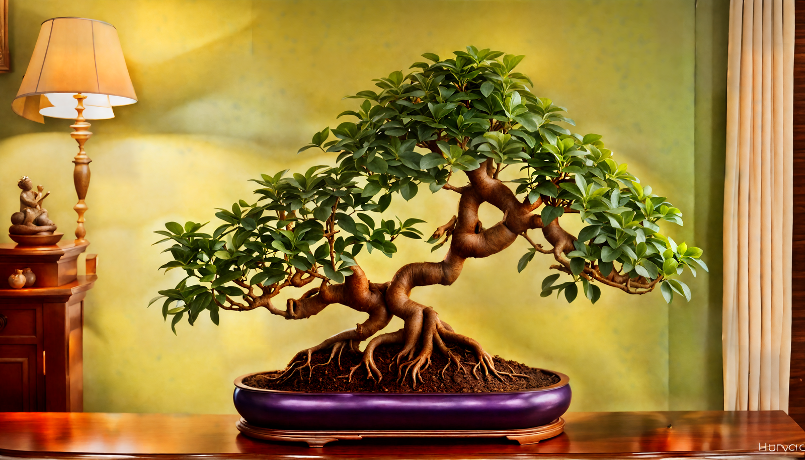 Ficus microcarpa in a blue bowl on a table, with clear lighting and neutral decor.
