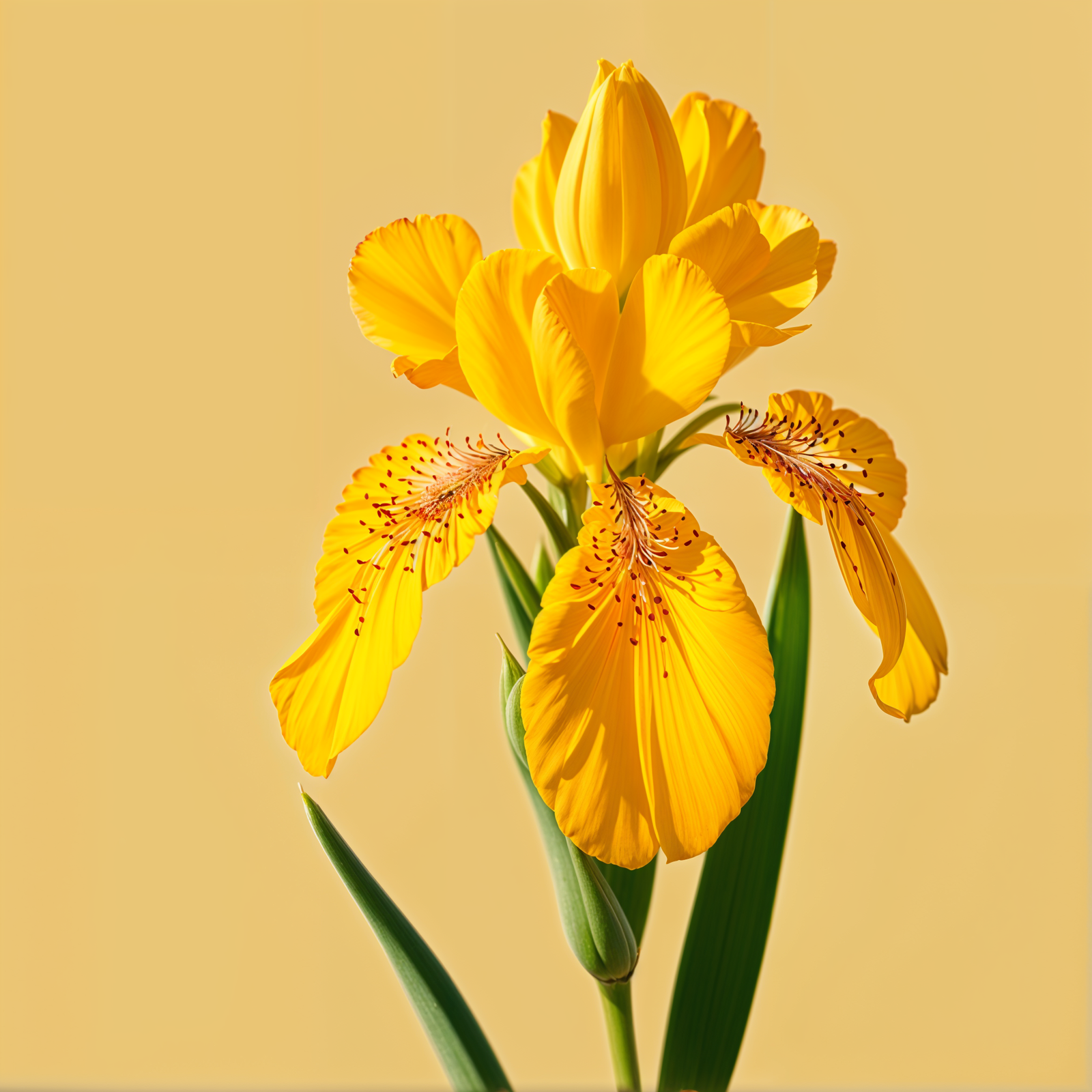 Hyper-realistic 4K image of a detailed Iris pseudacorus flower, isolated on a light background.