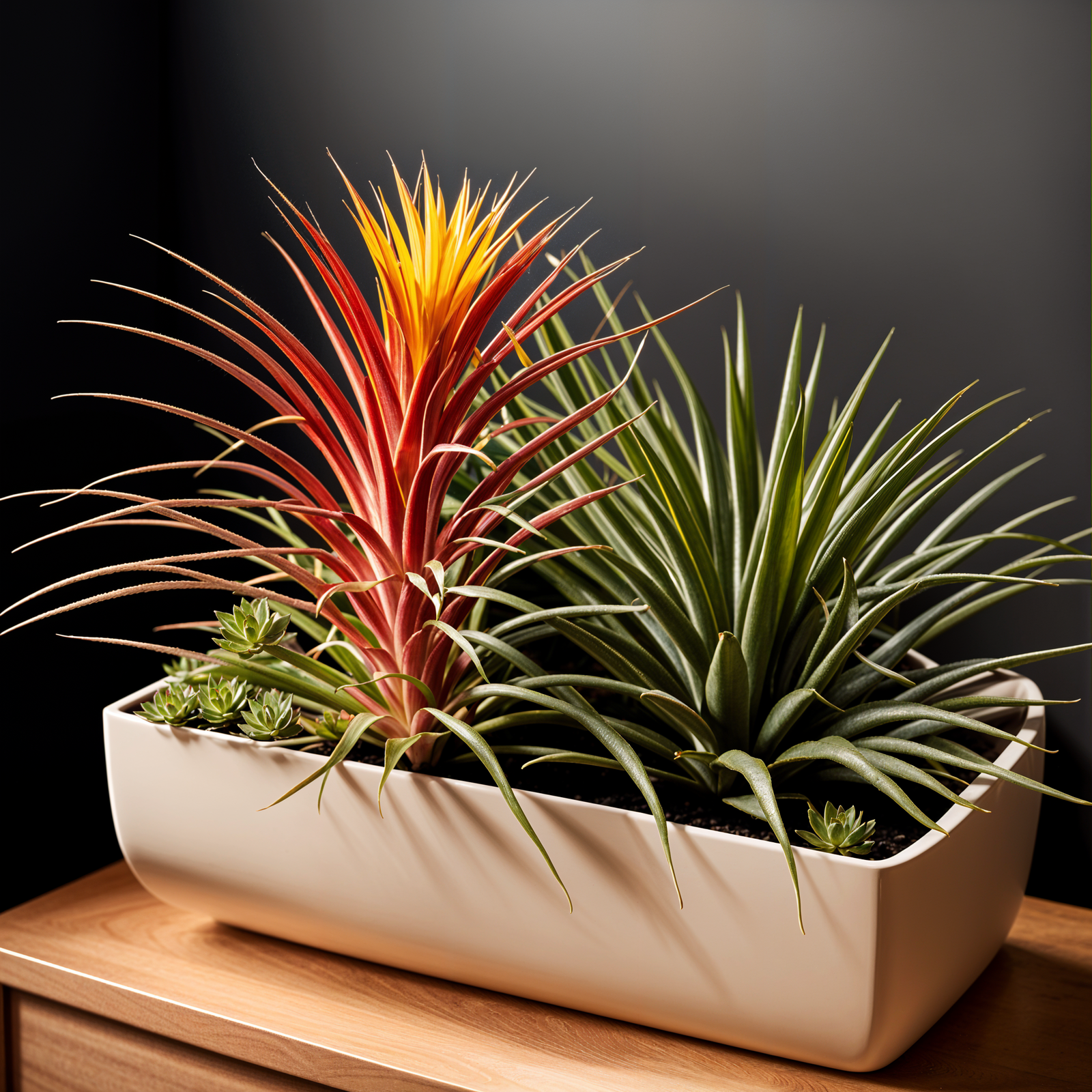 Highly detailed Tillandsia ionantha in a planter, with clear lighting and dark background.