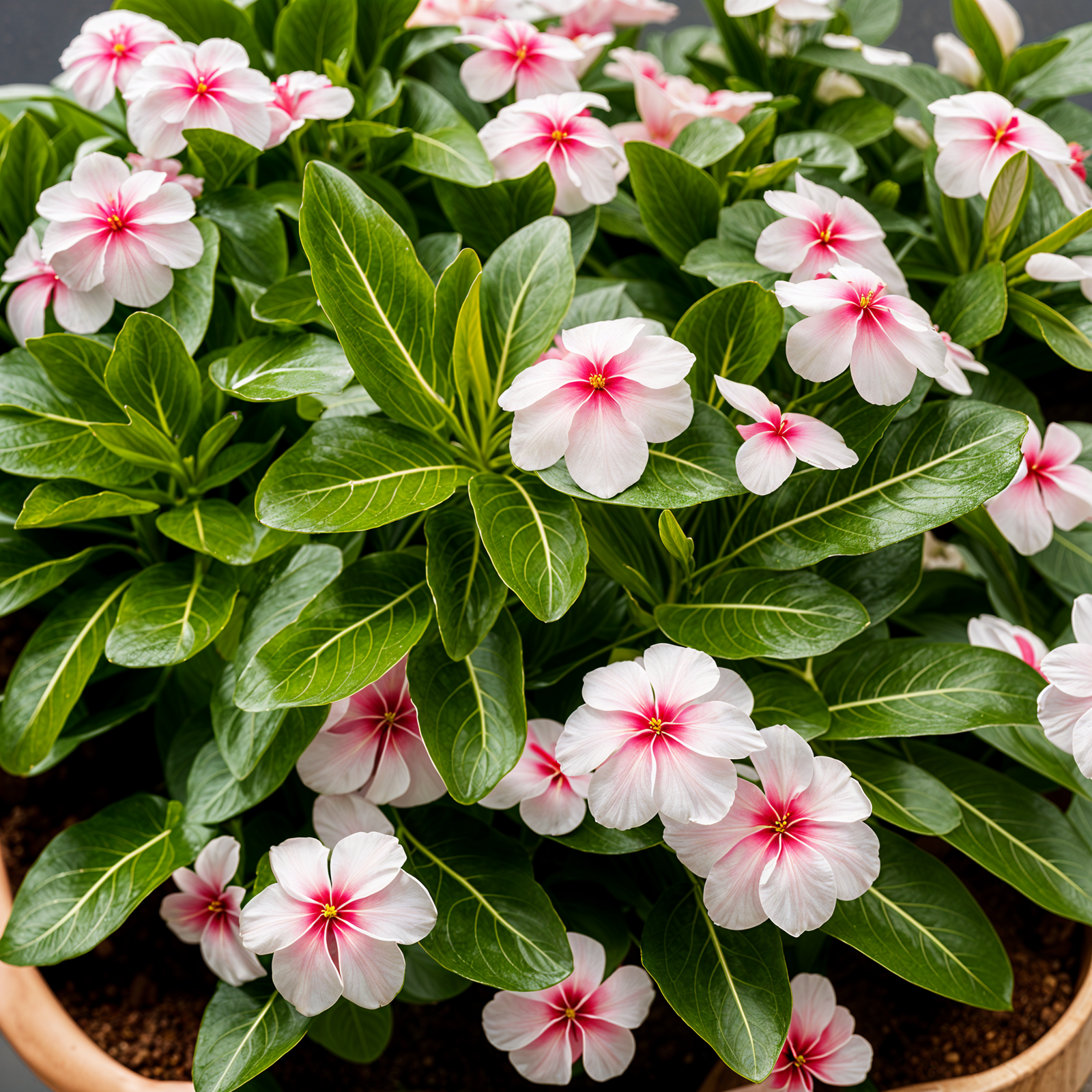 Catharanthus roseus plant in a planter, with a blooming flower, under clear indoor lighting.