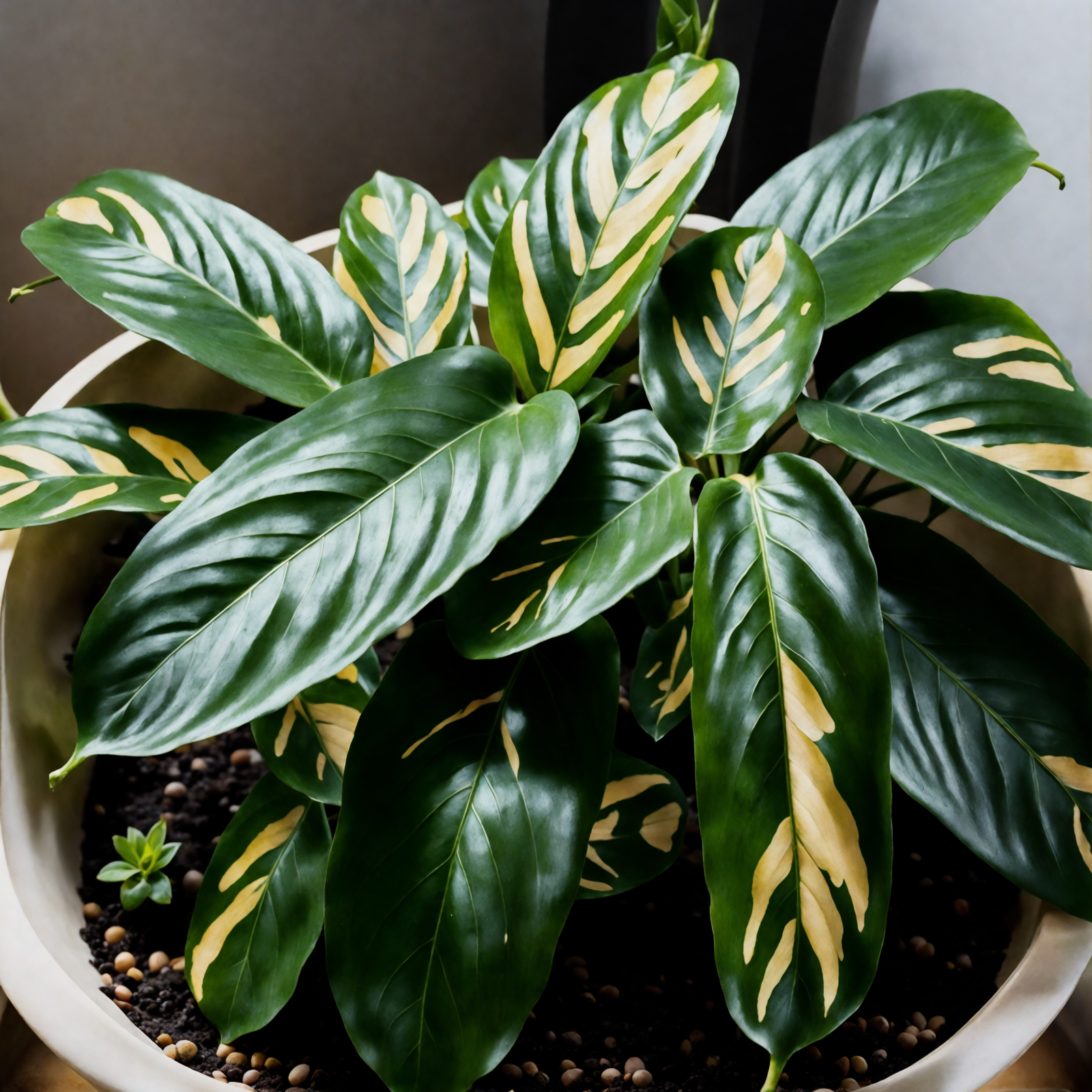 Ctenanthe lubbersiana in a white bowl planter, with detailed leaves, against a dark background.