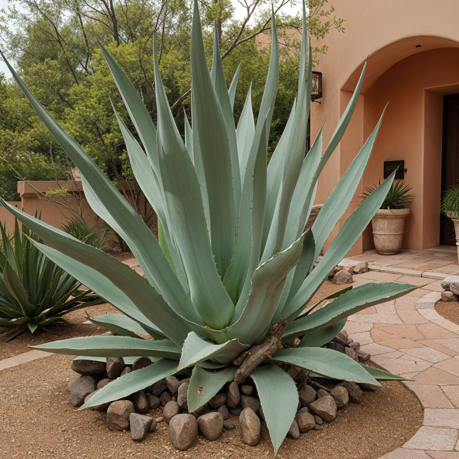 A large green Agave americana plant sits in a sun-drenched Mexican hacienda garden, surrounded by rustic elements and traditional terracotta walls.