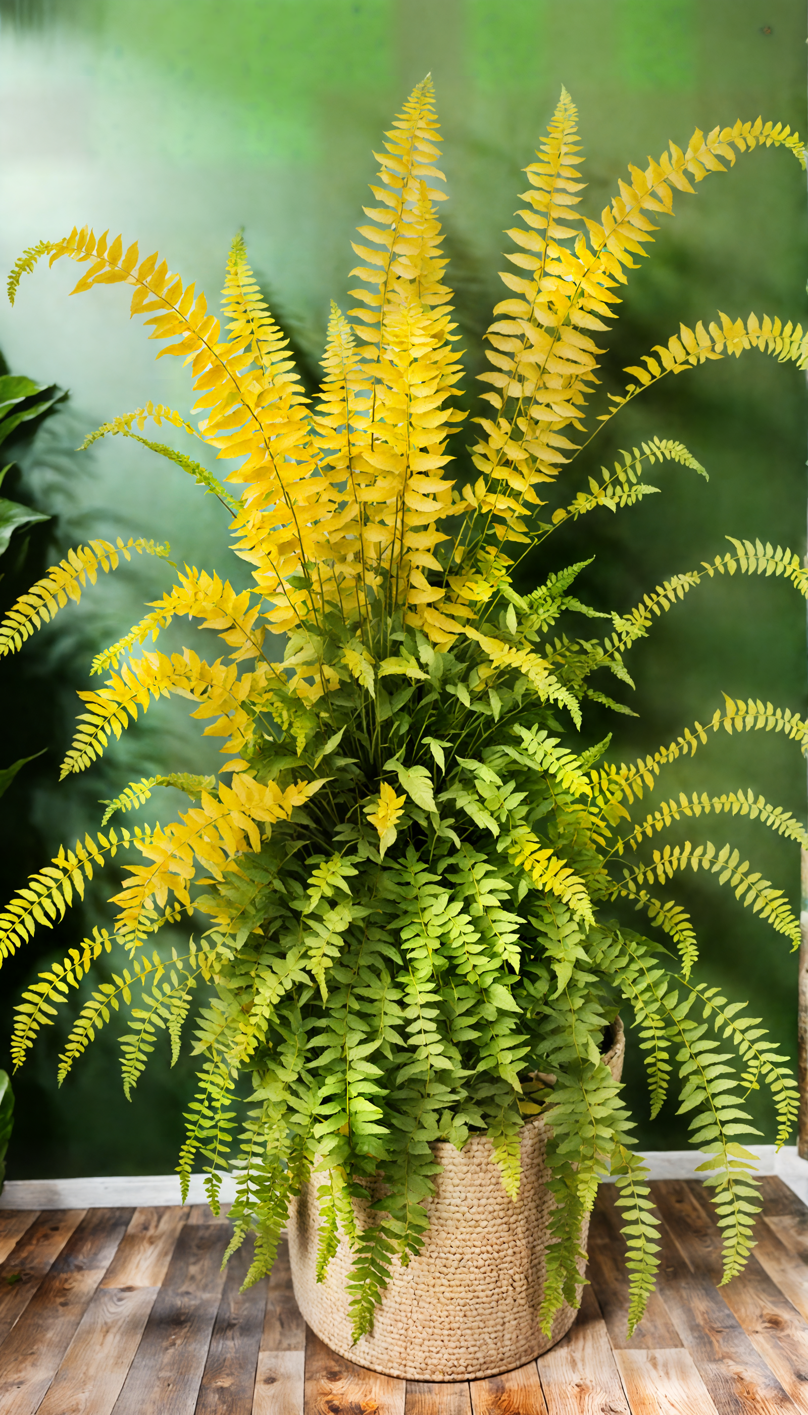 A lush Boston fern (Nephrolepis exaltata) in a rustic bowl on a parchment-colored wood floor.