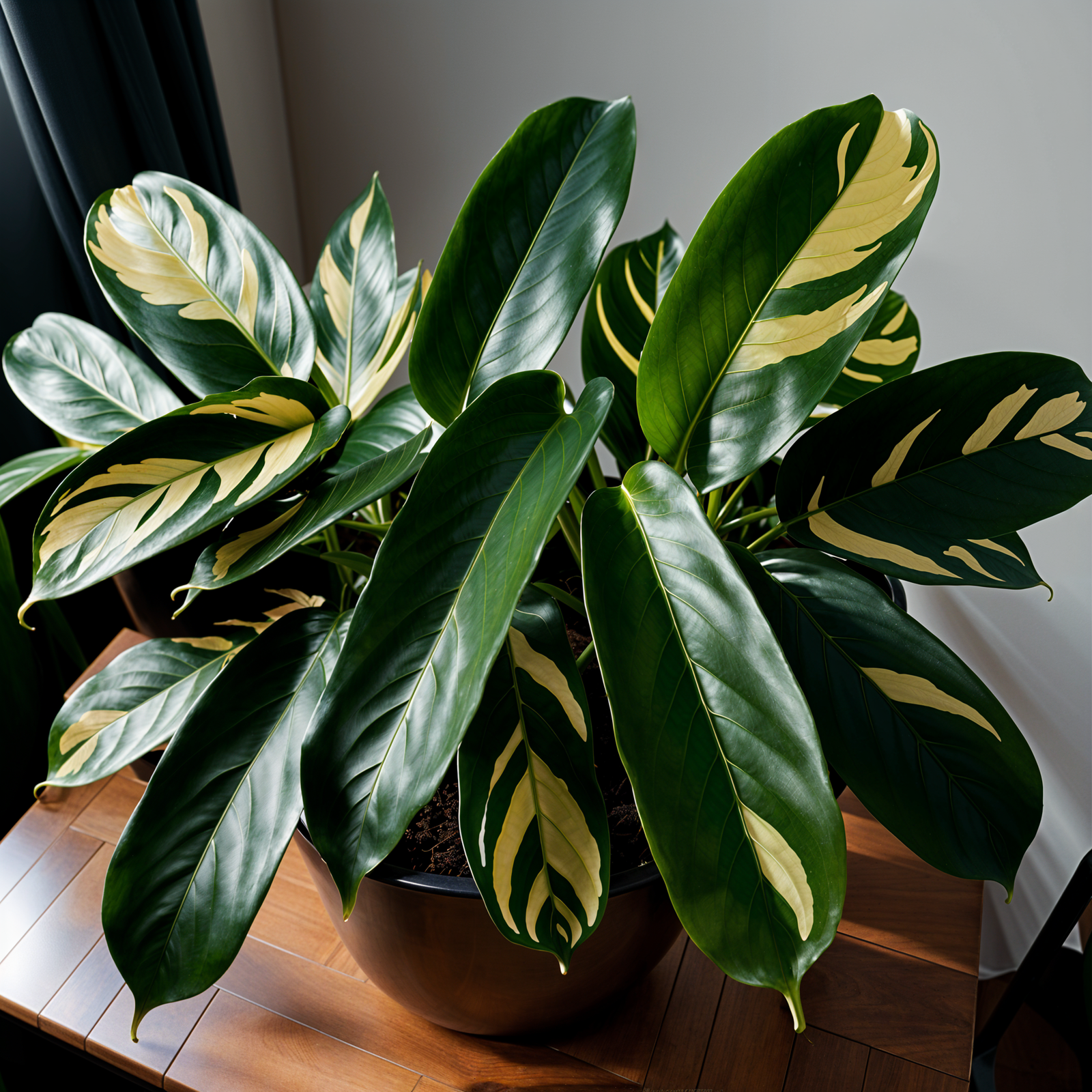 Ctenanthe lubbersiana plant with vibrant leaves in a planter, set against a dark background in clear indoor lighting.