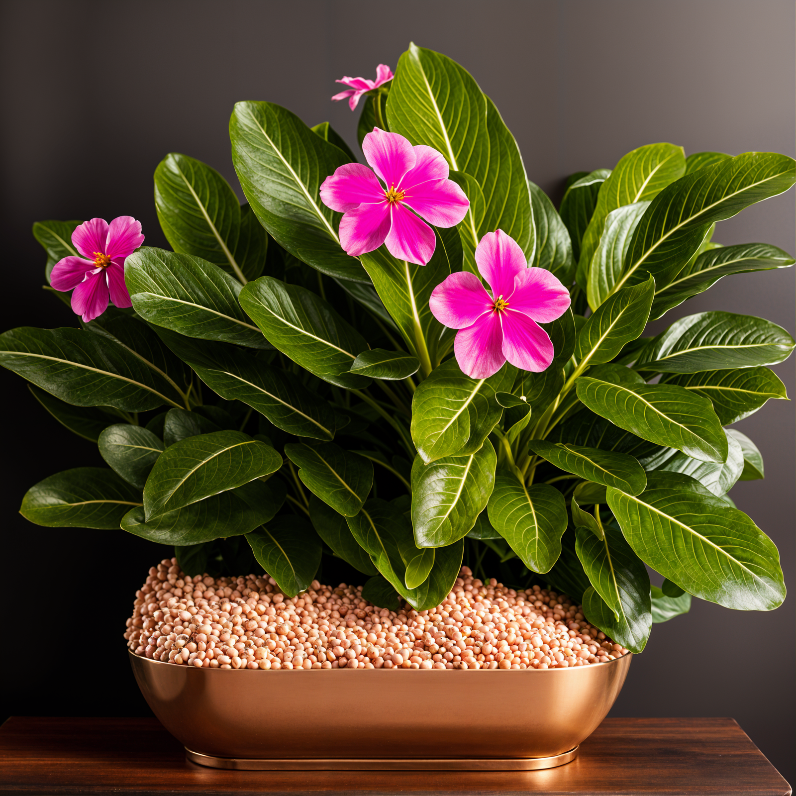 Highly detailed Catharanthus roseus in a planter, with flowers, against a dark background.