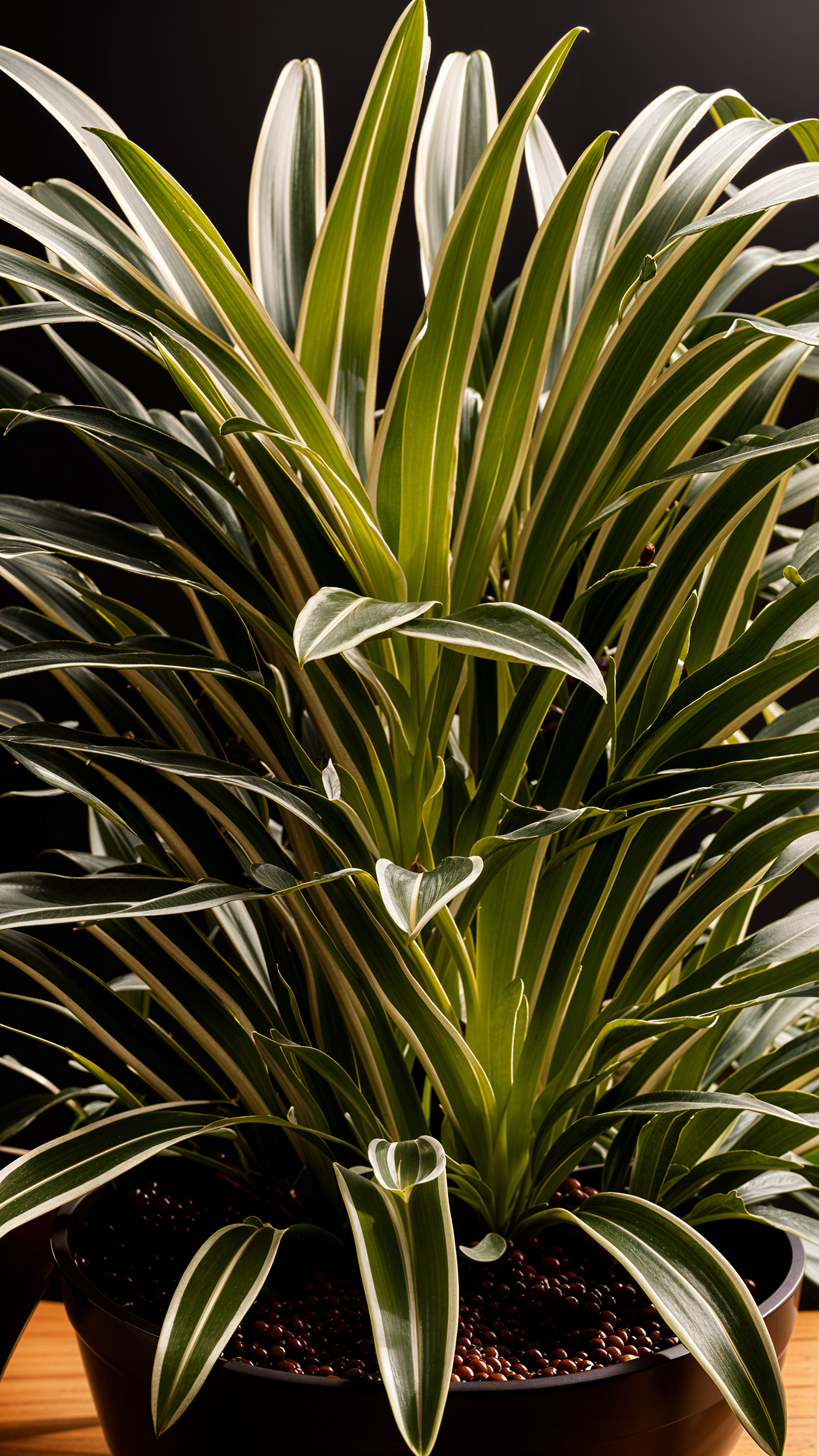 Chlorophytum comosum, or Spider Plant, in a planter, with clear lighting and a dark background.