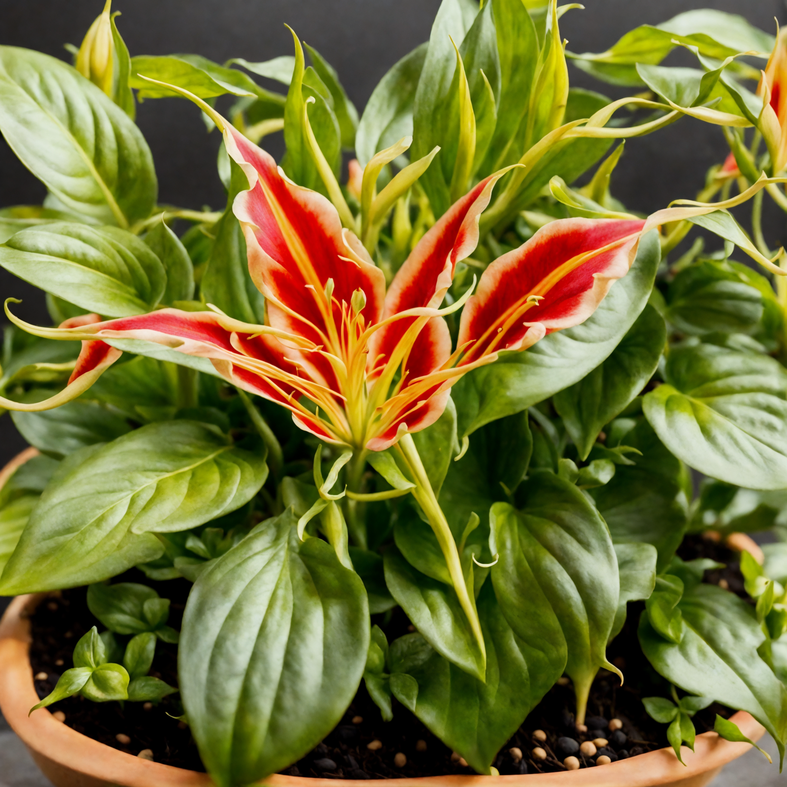 Gloriosa superba flowers in a bowl, with foliage in the background, clear lighting, and a dark backdrop.