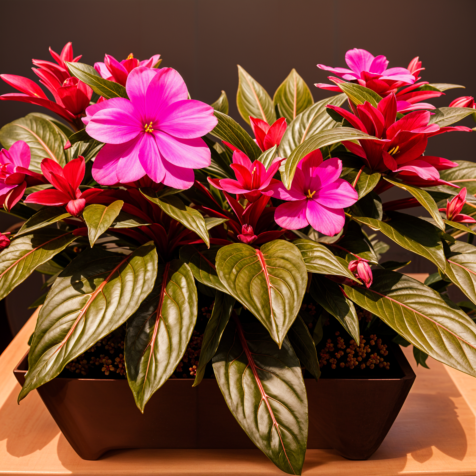 Impatiens hawkeri plant with flower in a planter, under clear indoor lighting, dark background.