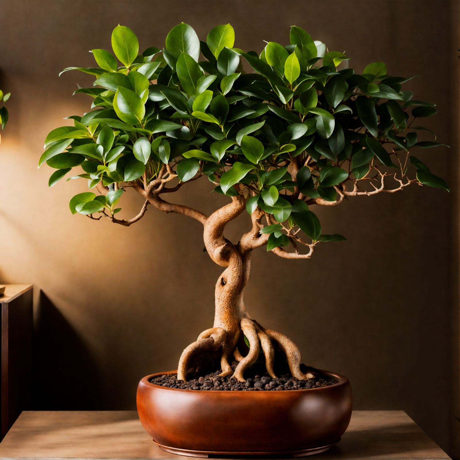 Ficus microcarpa in a brown bowl on a table, with clear lighting and a dark background.