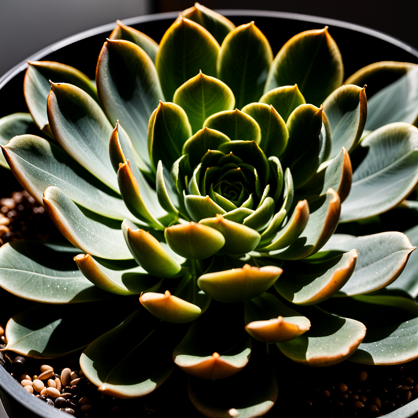 Echeveria elegans plant with detailed leaves in a planter, set against a dark background indoors.