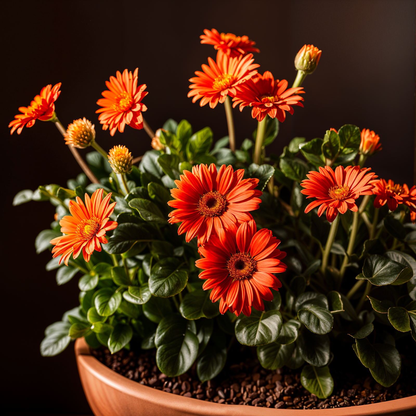 Gerbera jamesonii in a planter, with a blooming flower, in clear indoor lighting against a dark background.