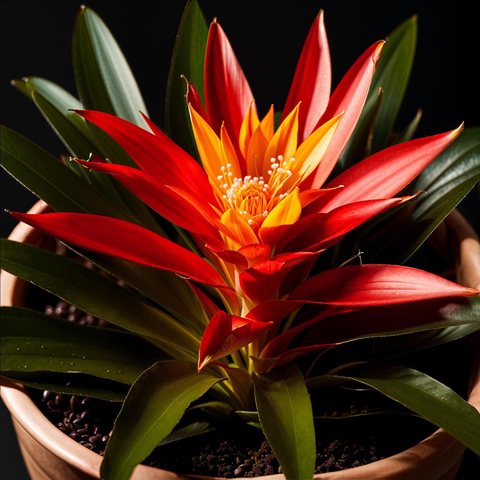 Guzmania lingulata plant with flower in a planter, set against a dark background in clear indoor lighting.