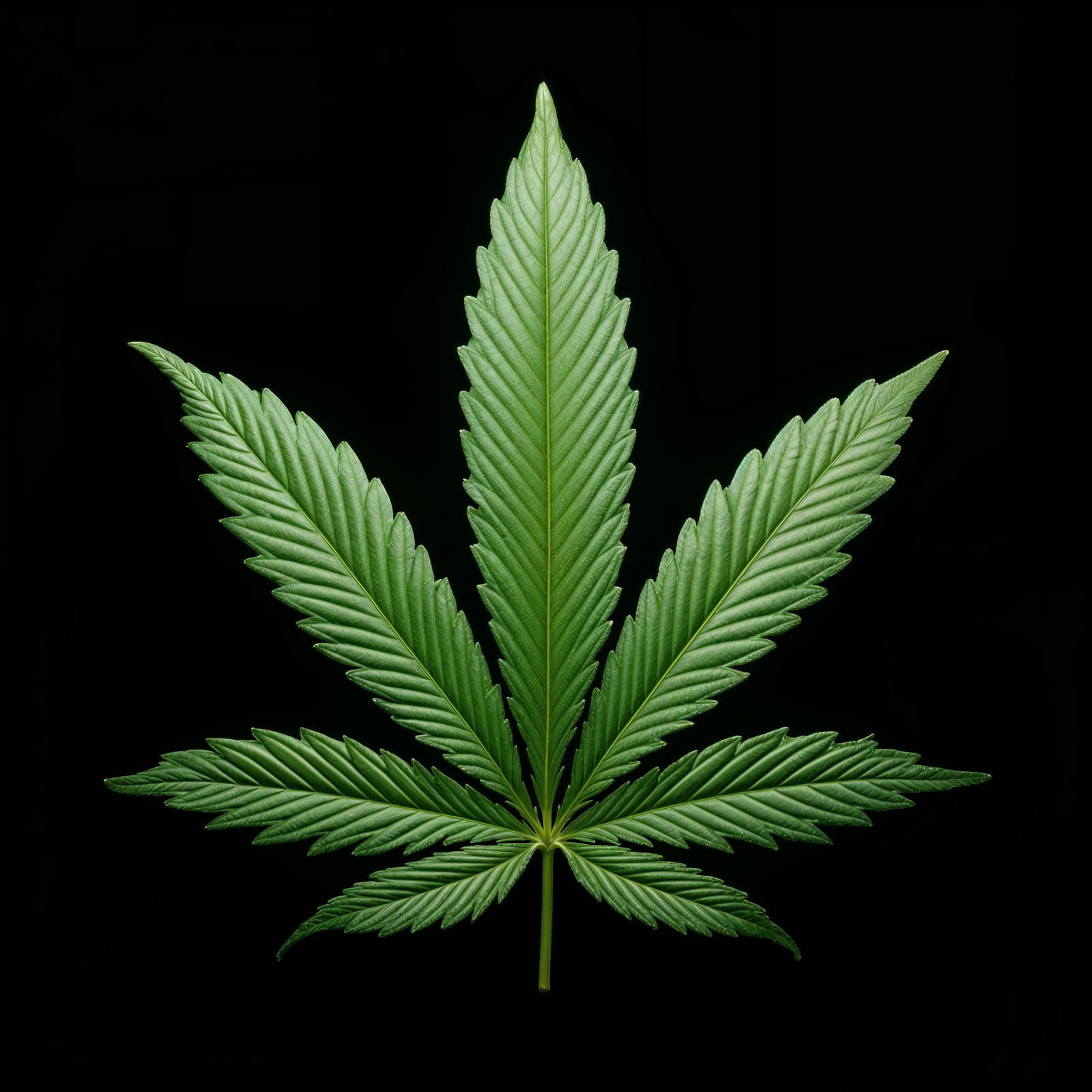 A close-up of a green Cannabis sativa leaf on a dark background.