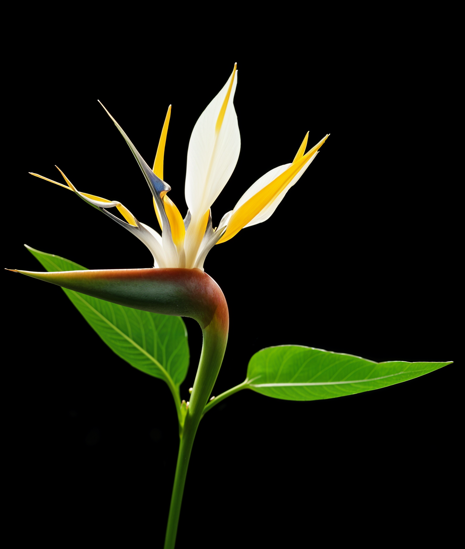 A white and yellow TOK flower with green leaves, centered on a dark background.