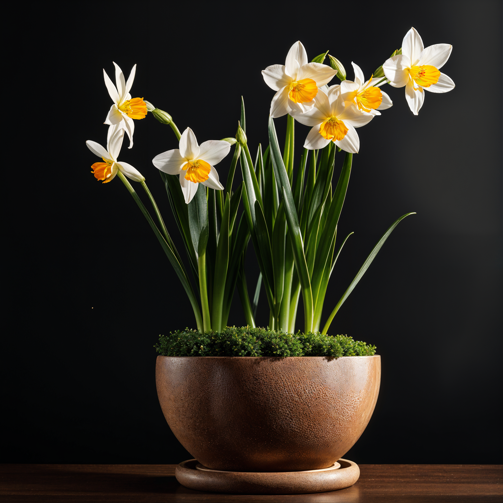 Narcissus tazetta plant with flower in a planter, set against a dark background in clear indoor lighting.