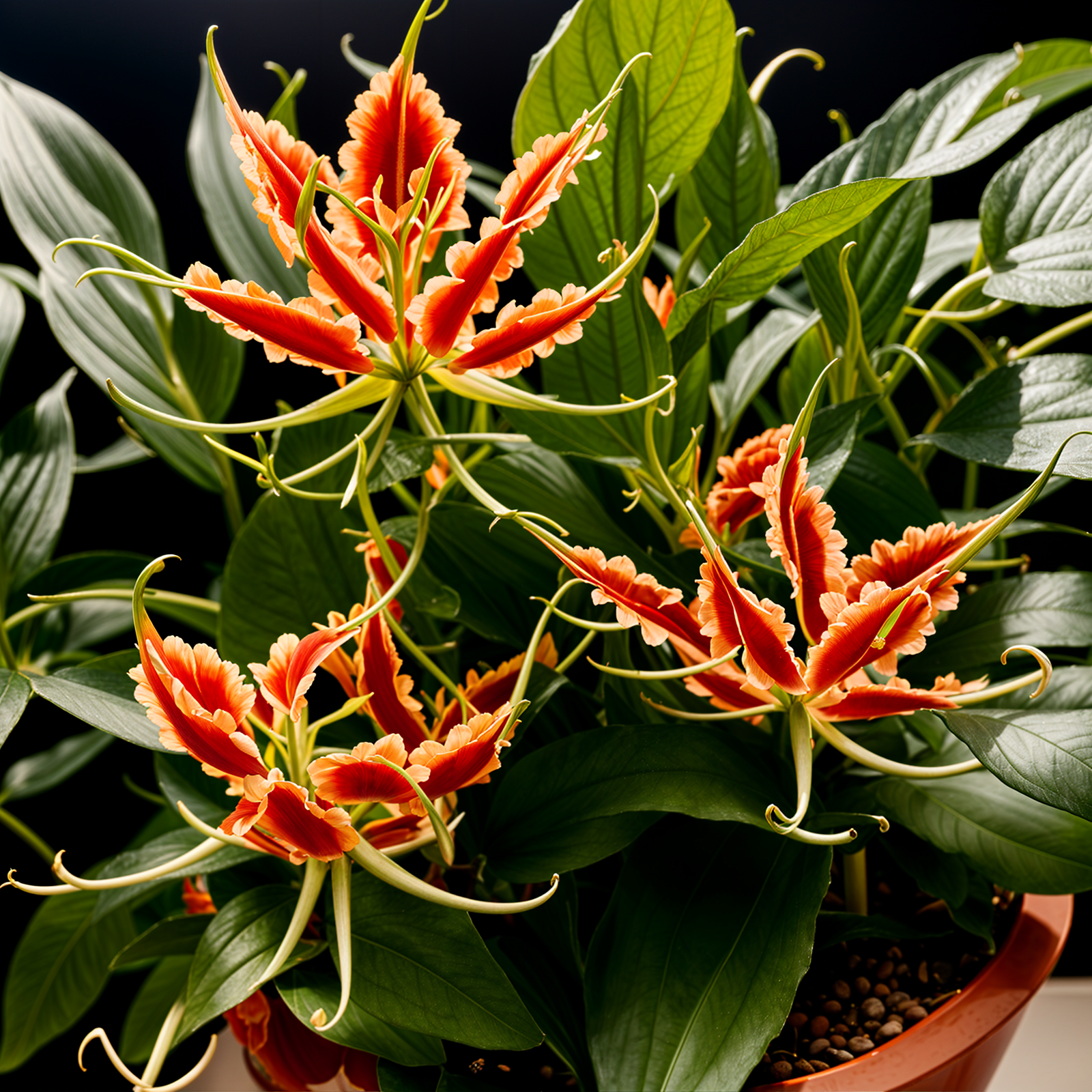 Gloriosa superba plant with flower in a planter, indoor décor, under clear lighting.