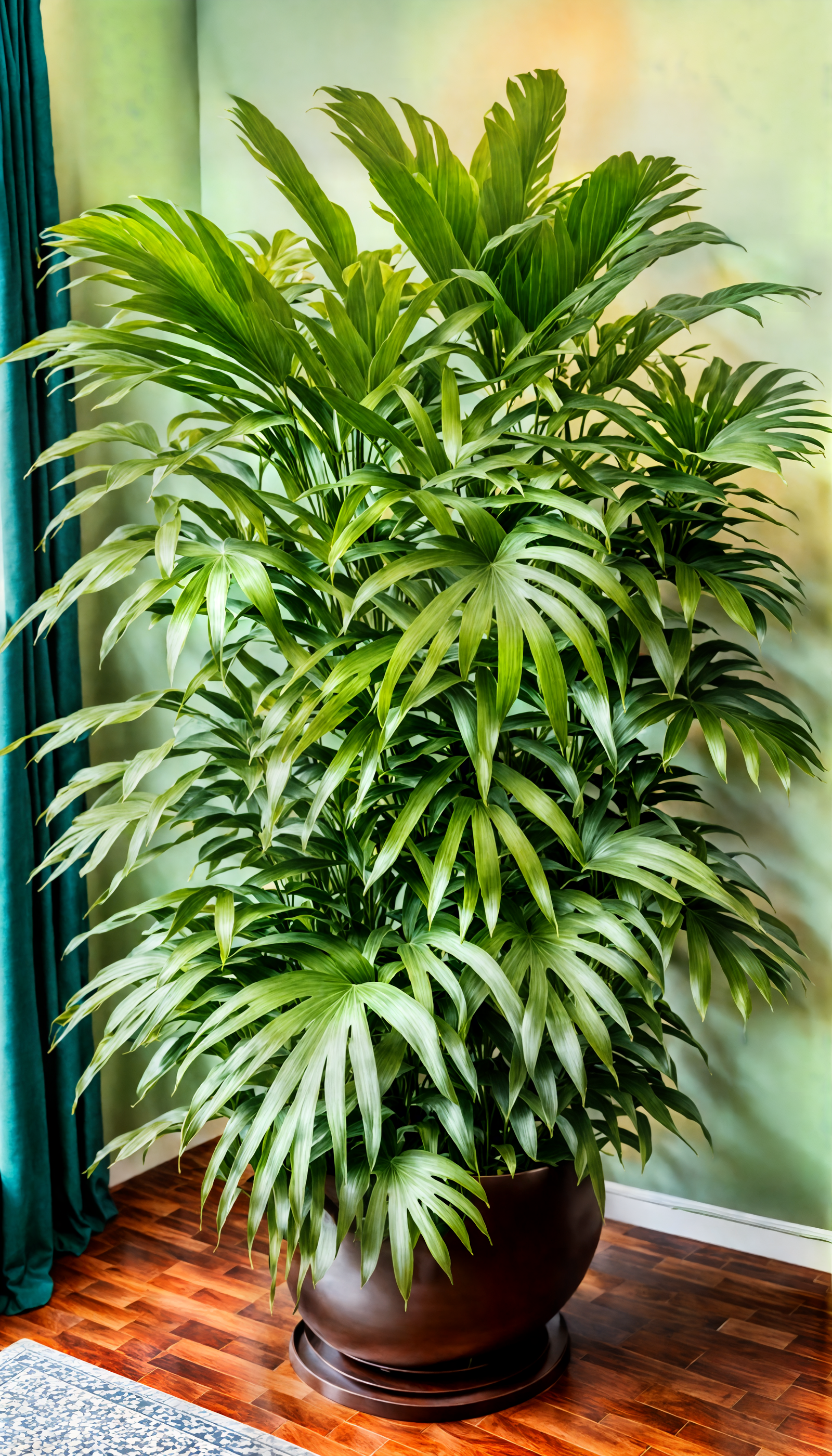 Rhapis excelsa in a metal bowl on a wooden floor, with clear lighting and neutral decor.