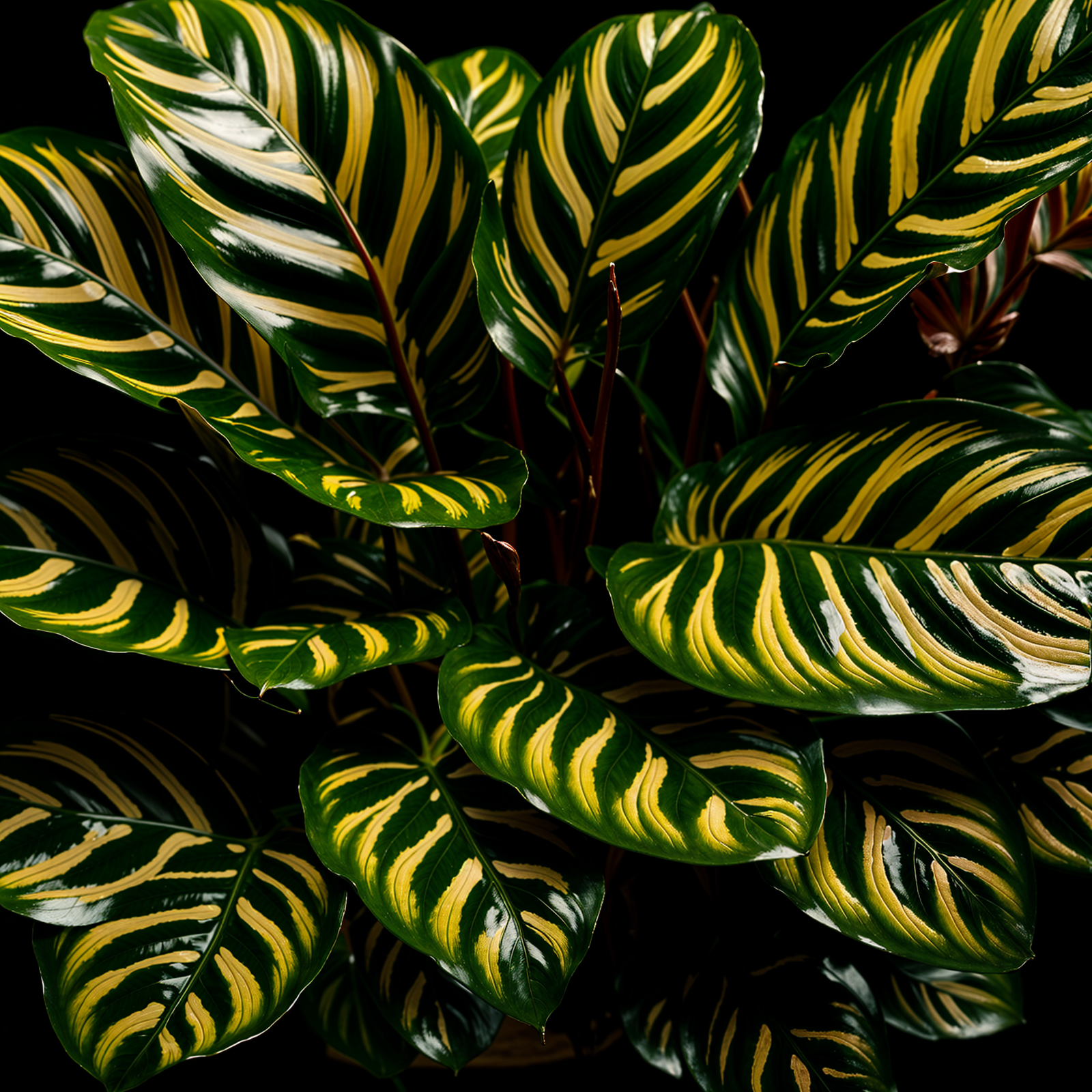 Goeppertia makoyana plant with detailed leaves in a planter, under clear indoor lighting.