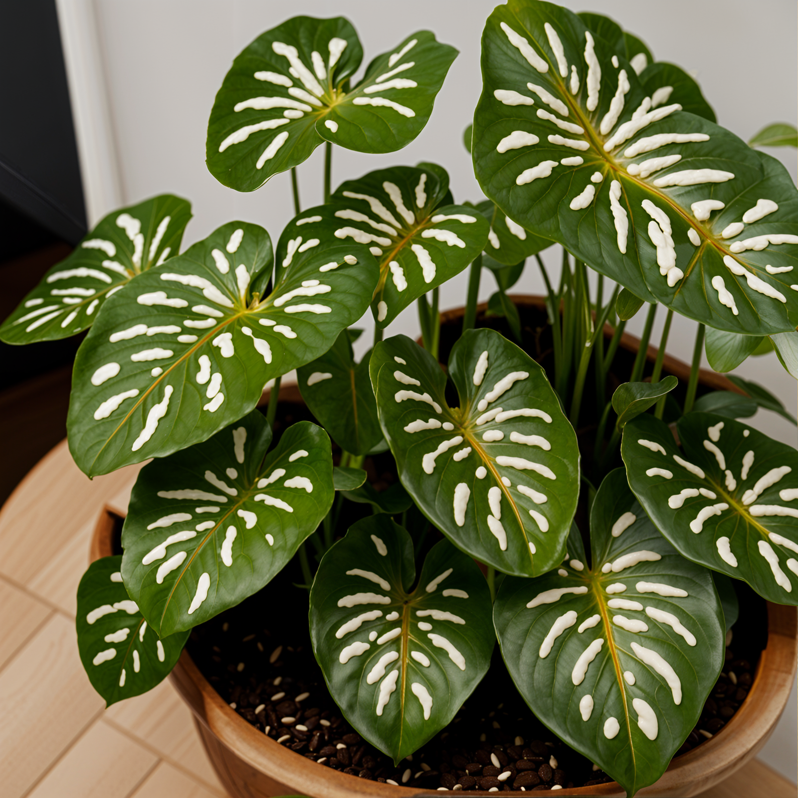 Caladium bicolor plant with vibrant leaves in a planter, set against a dark background in clear indoor lighting.