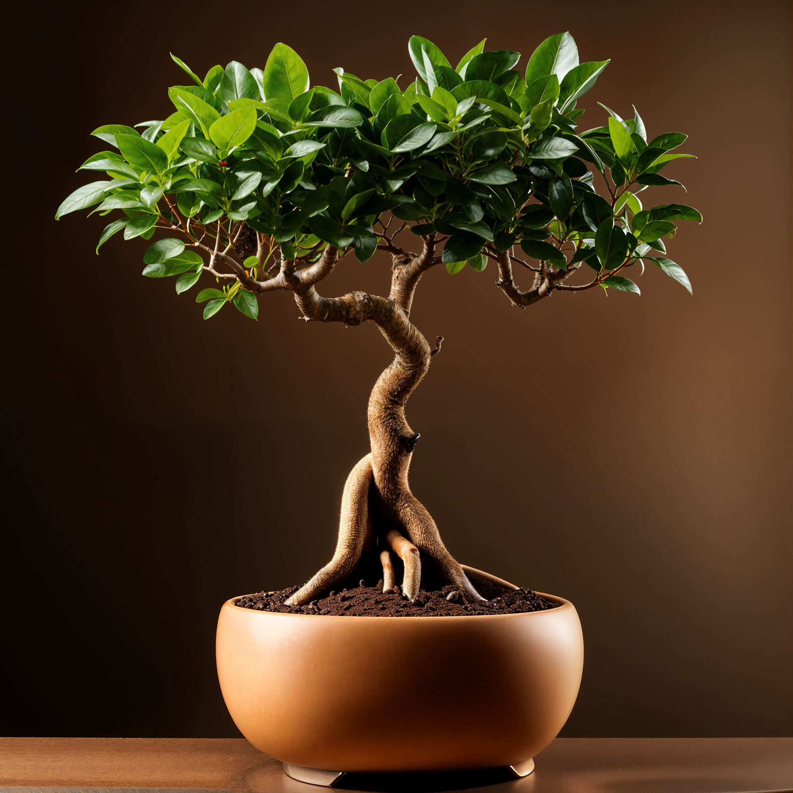 Highly detailed Ficus microcarpa in a planter, with clear lighting and a dark background.