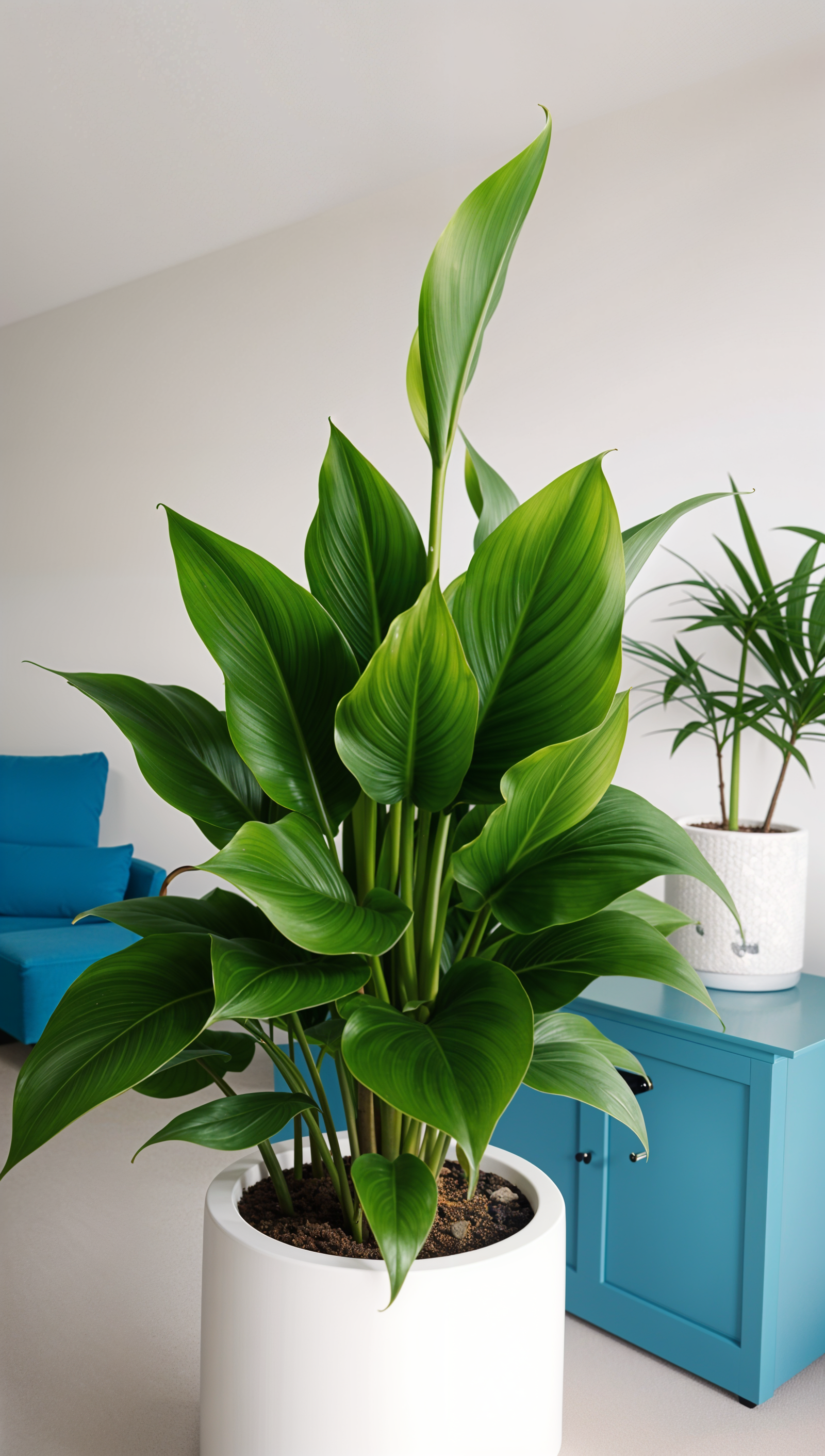 A large green Zantedeschia aethiopica plant in a white pot, placed on a white table with a clean minimal background.