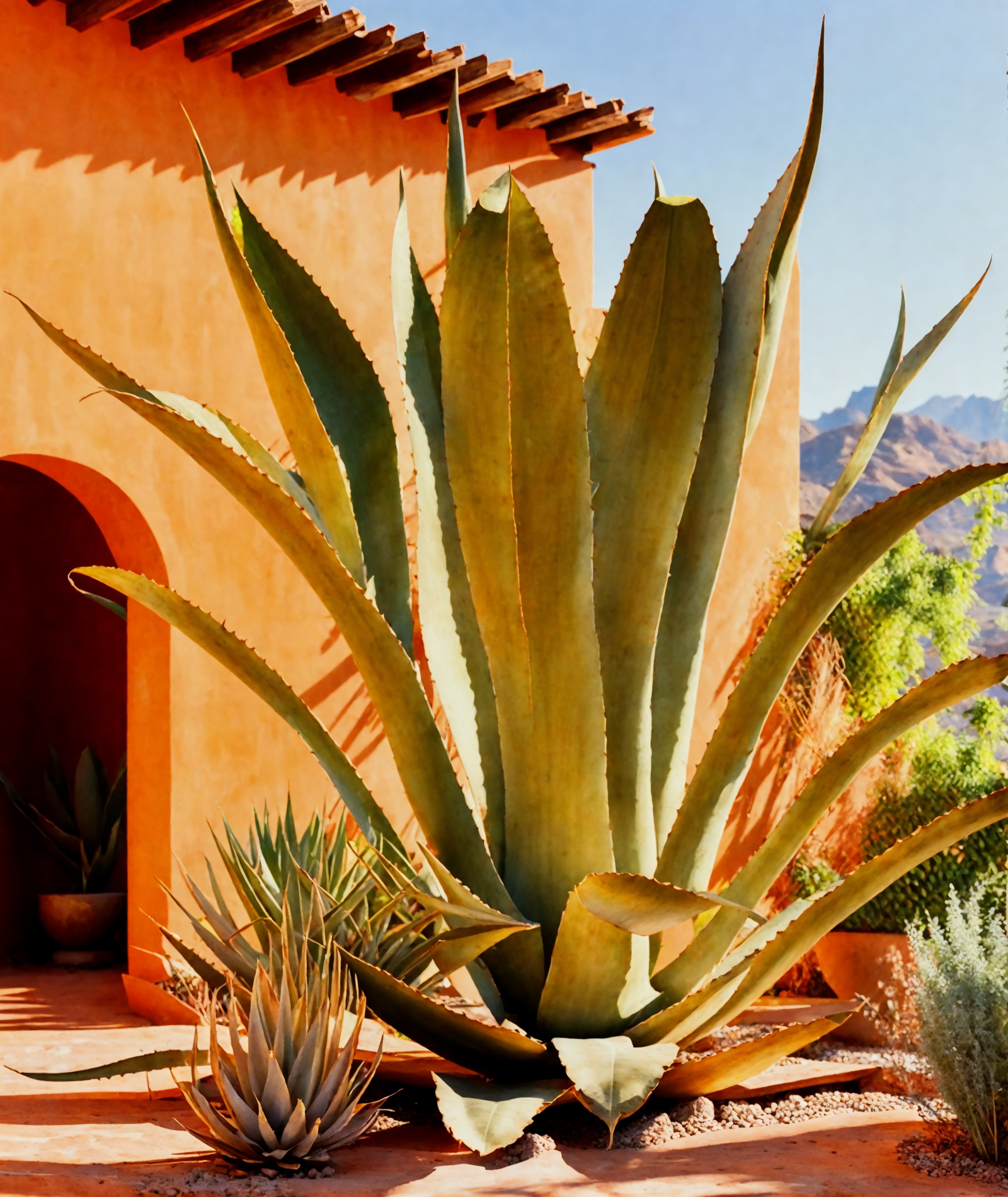 Agave americana plants with thick leaves basking in bright sunlight by a wall in a desert garden setting.