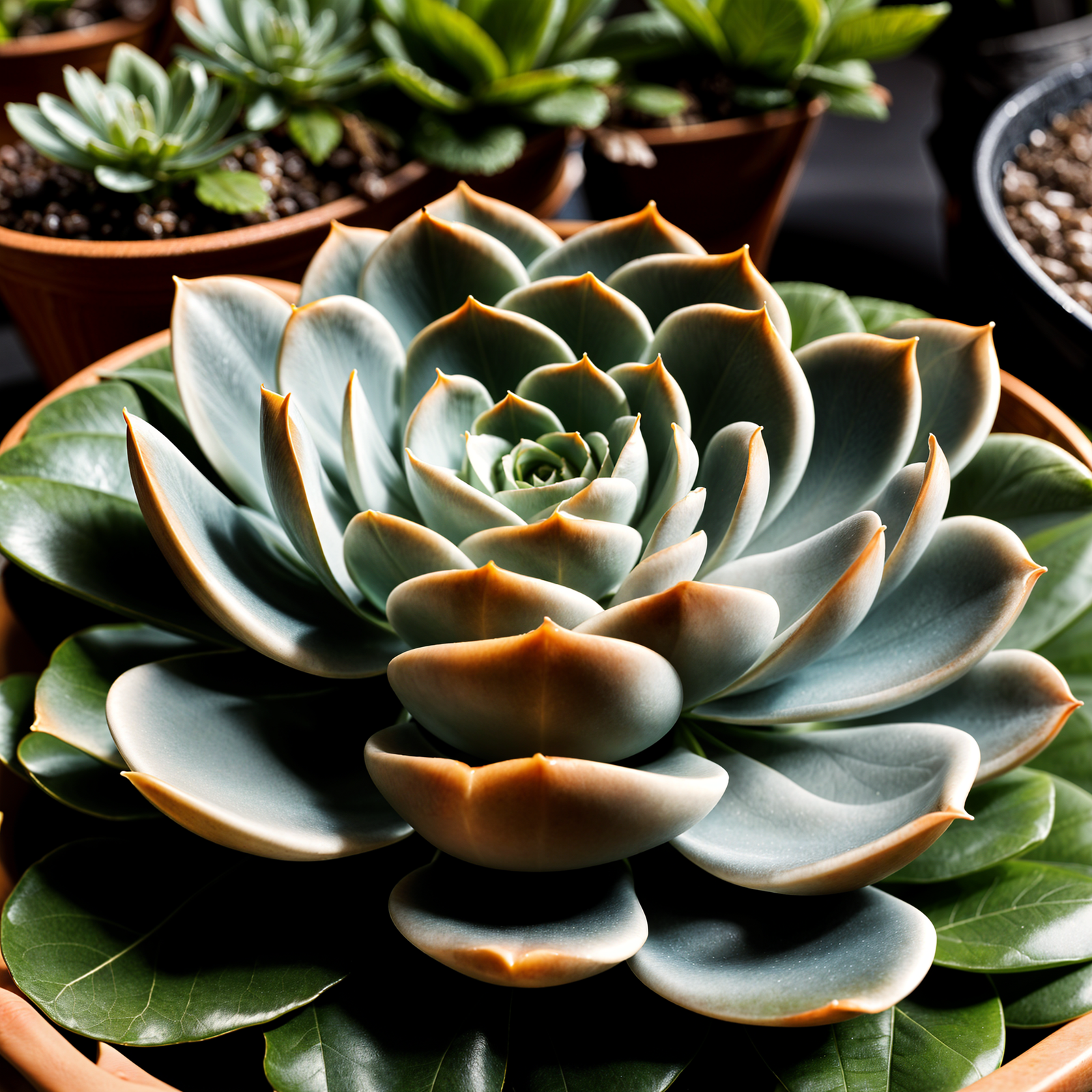 Echeveria elegans plant with detailed leaves in a planter, set against a dark background indoors.