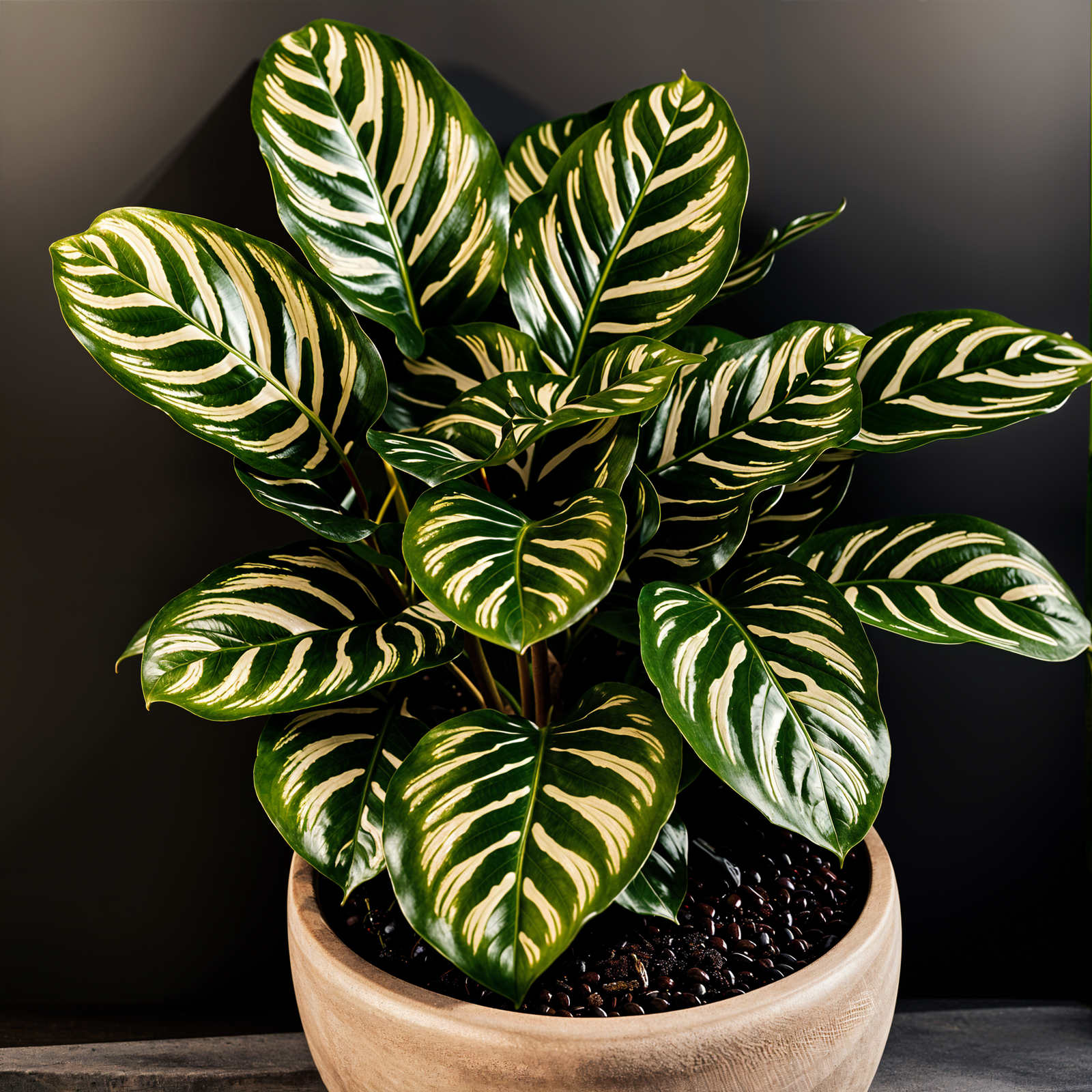 Goeppertia makoyana plant with detailed leaves in a planter, set against a dark background indoors.