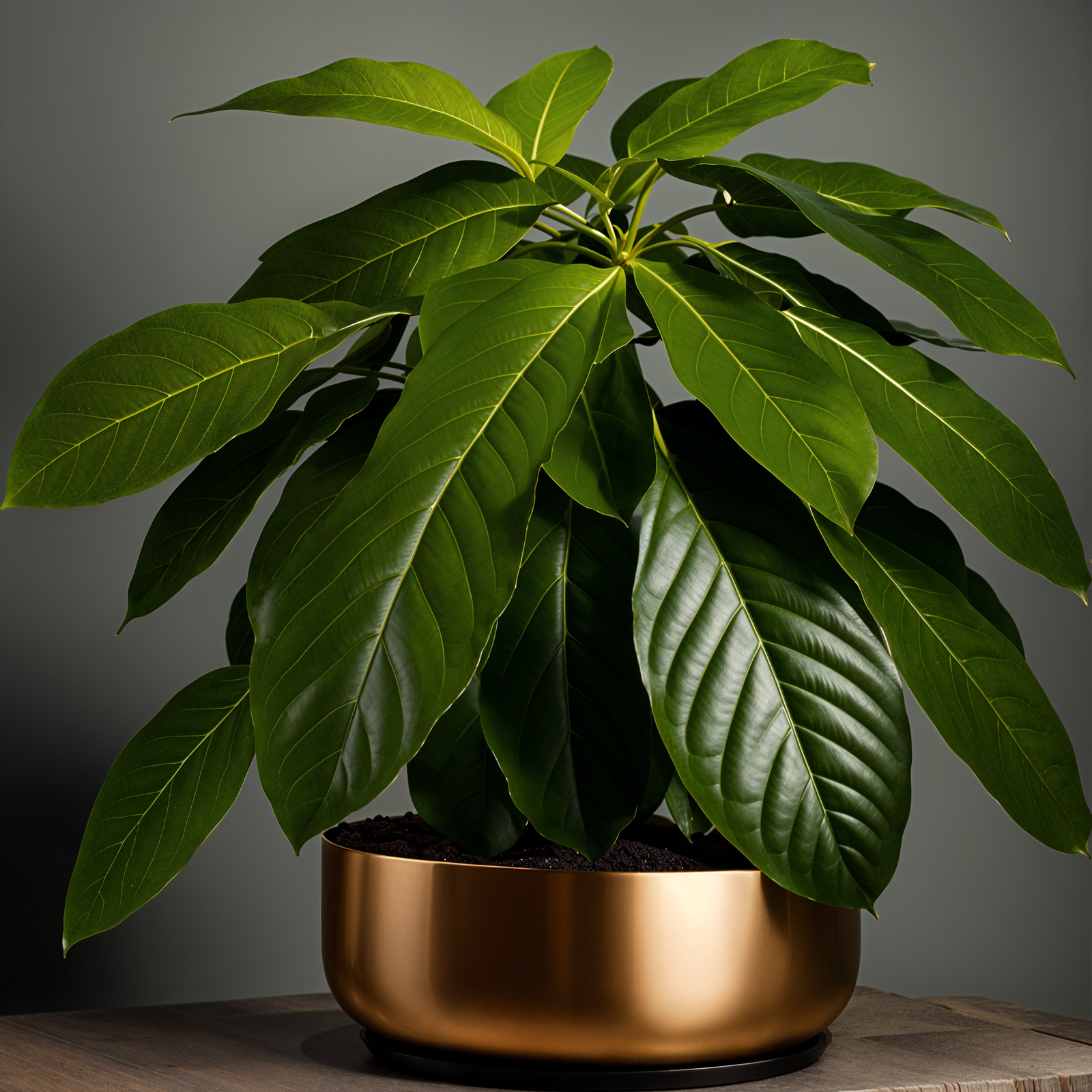 Highly detailed Persea americana (avocado tree) in a planter, with clear lighting and dark background.