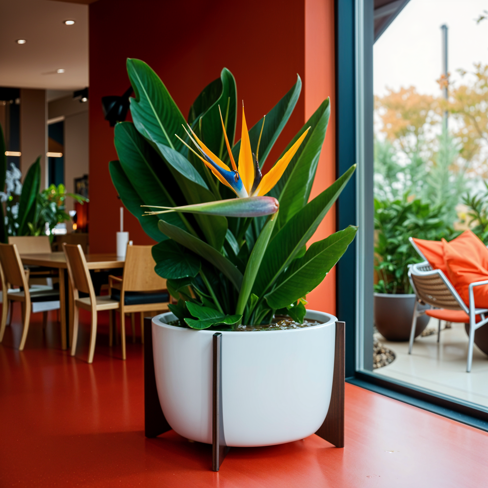 A potted Strelitzia reginae plant on a red table in a minimalist room with natural lighting.