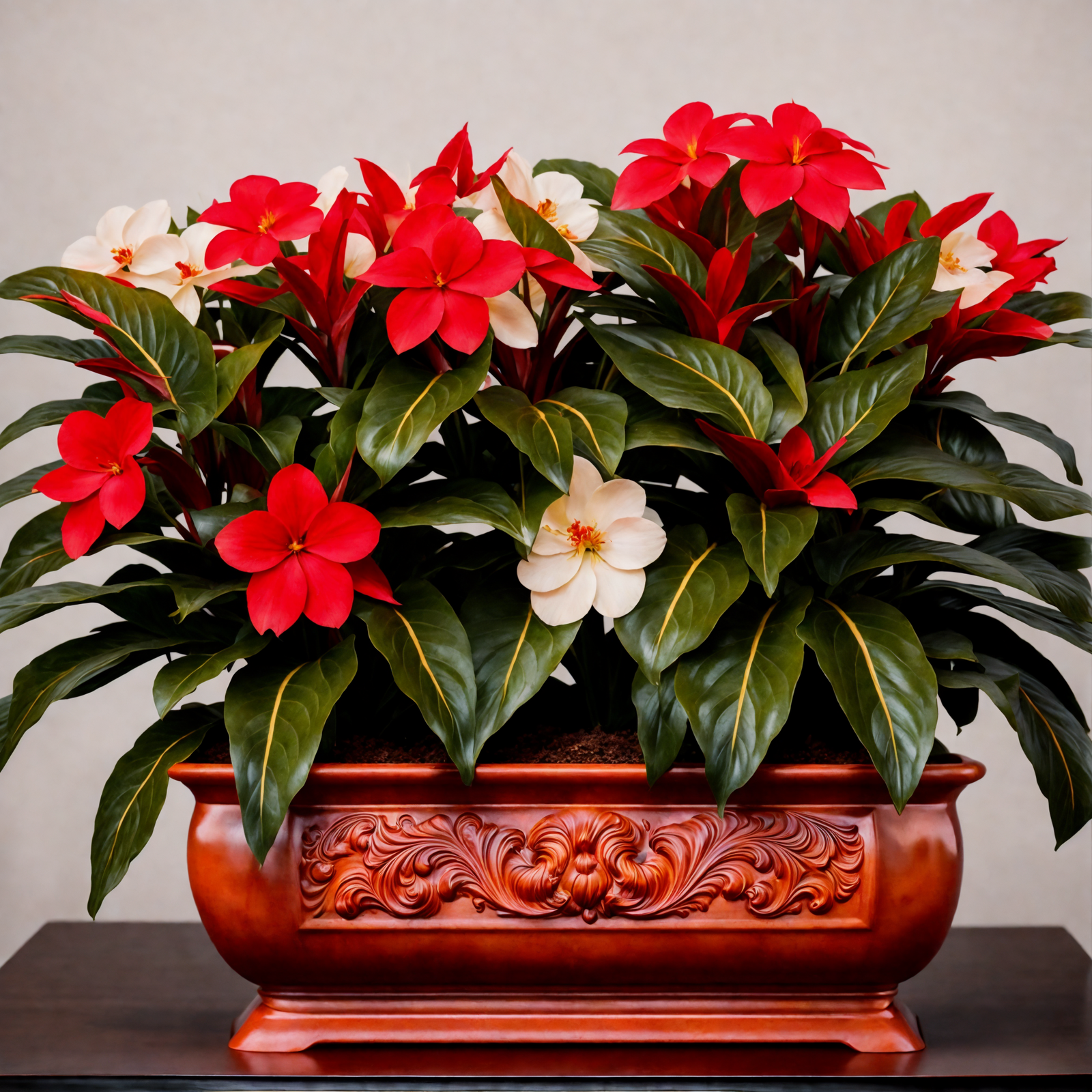 Impatiens hawkeri in a brown vase on a wooden table, with clear lighting and a dark background.