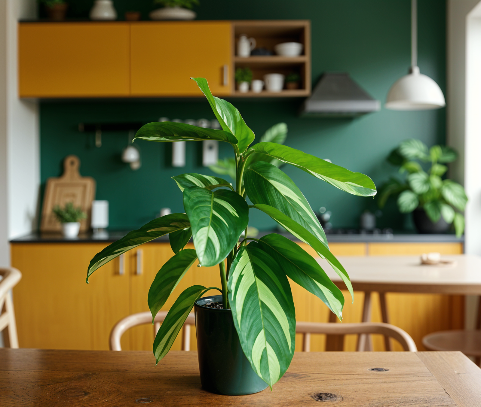 A potted Ctenanthe lubbersiana (TOK plant) on a wooden table, centered in a modern planter, under natural lighting.