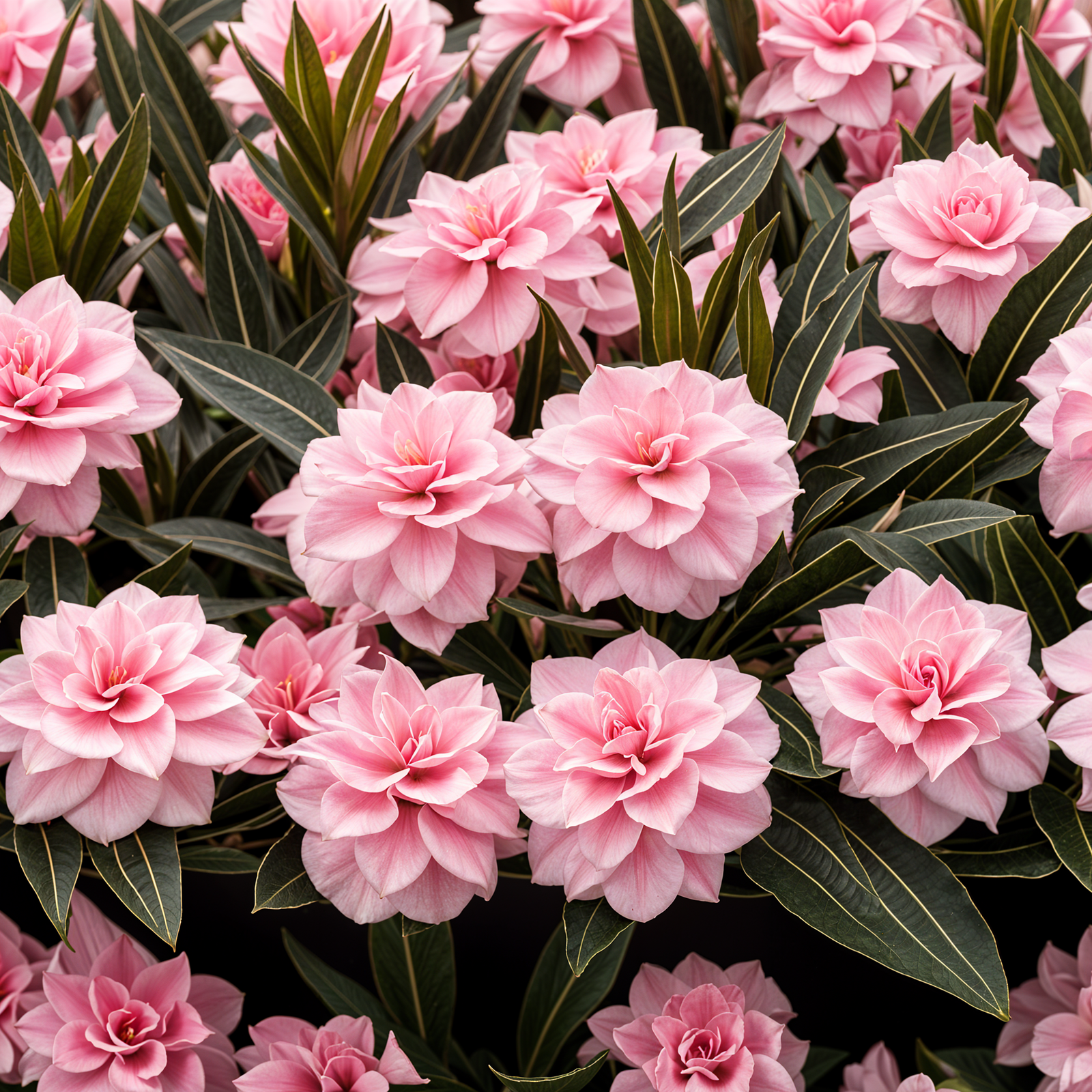 Nerium oleander shrub with flowers in a planter, indoor décor, under clear lighting.