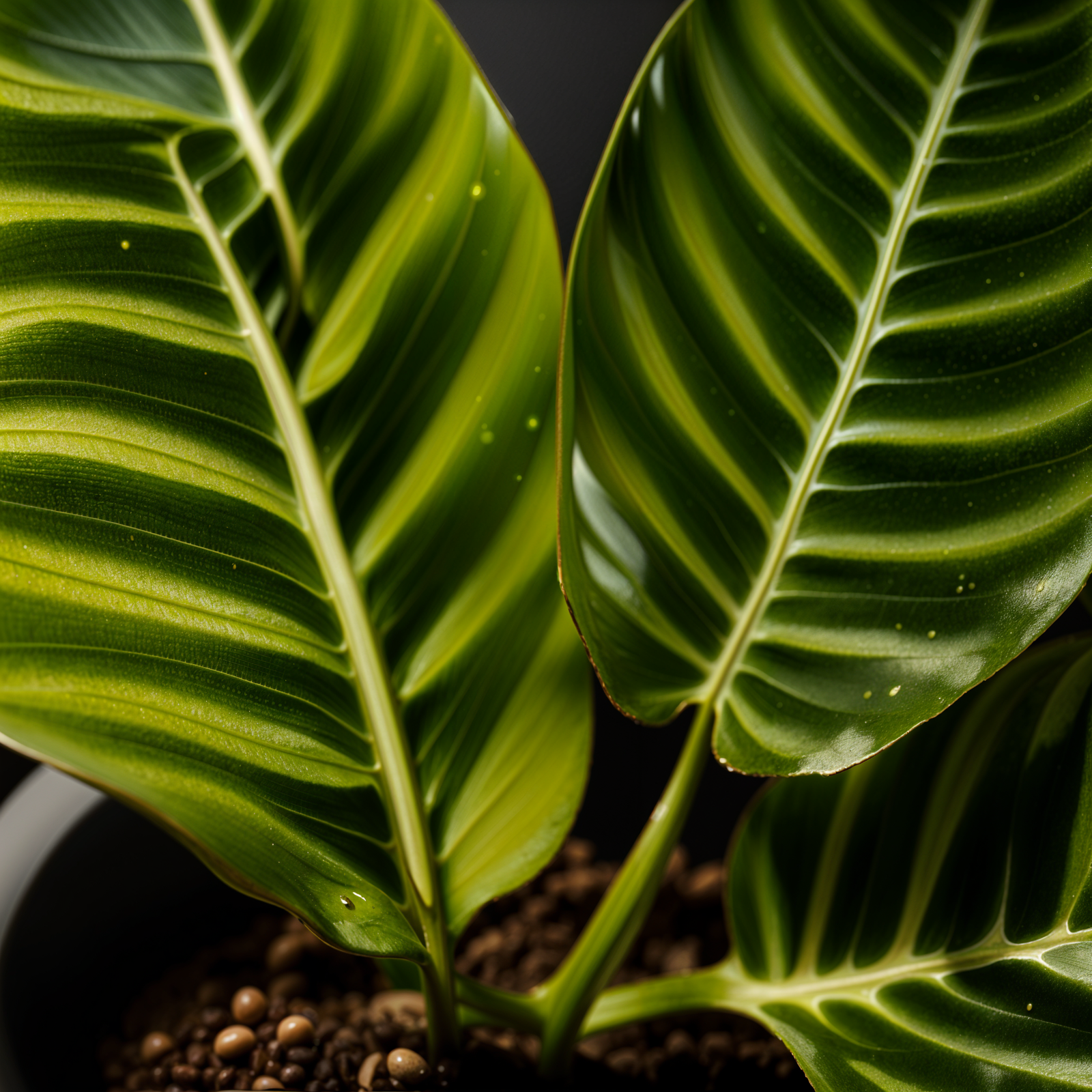 Goeppertia zebrina plant with detailed leaves in a planter, set against a dark background indoors.