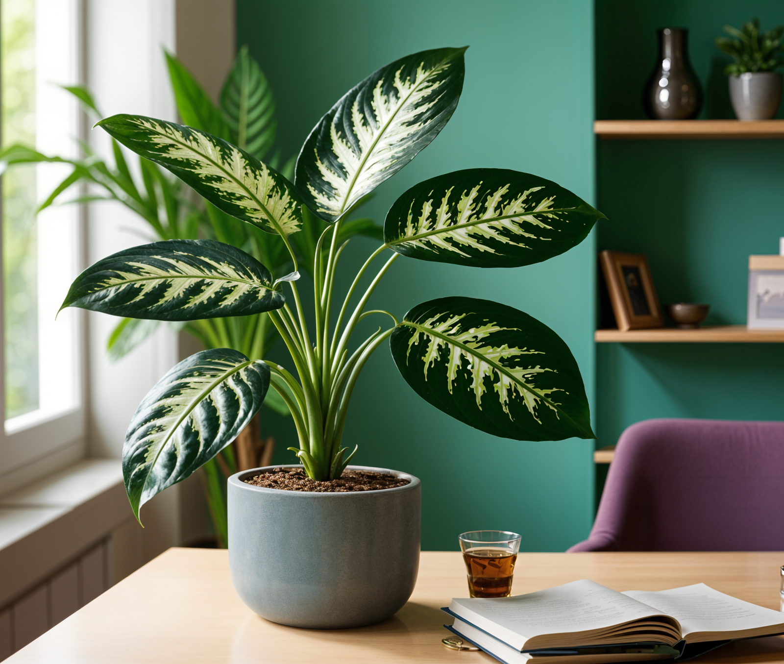 A Dieffenbachia seguine (TOK) plant sitting on a wooden table in a modern planter, with natural lighting highlighting its structure.