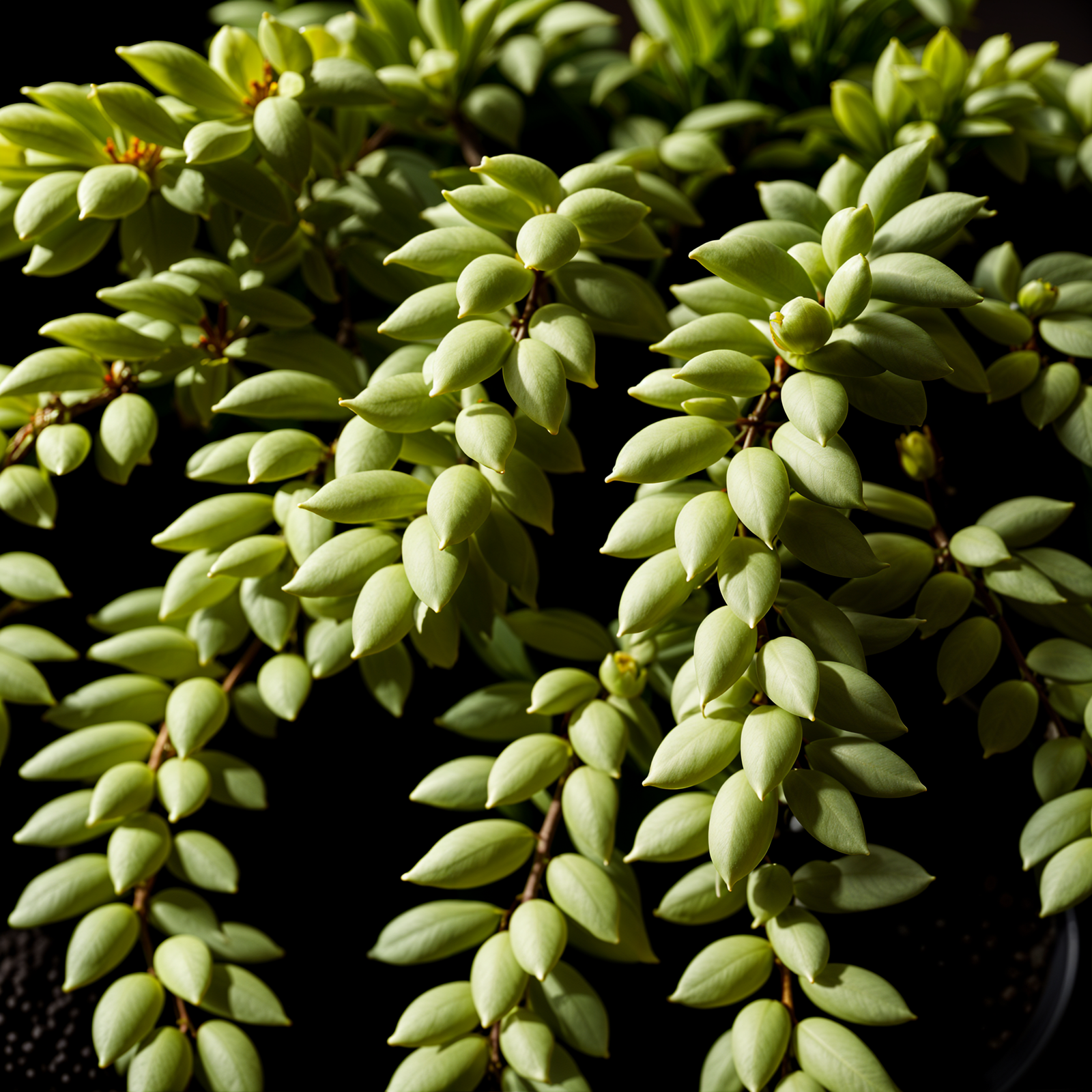 Sedum morganianum plant with detailed leaves in a planter, under clear indoor lighting.