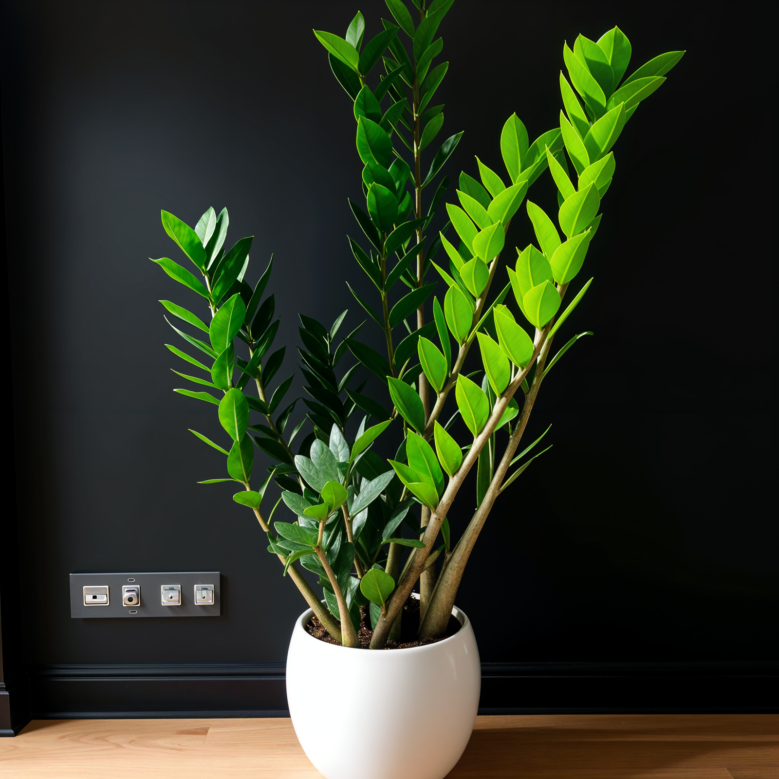 A potted Zamioculcas zamiifolia (TOK plant) on a wooden table, centered in a modern planter, with natural light highlighting its structure.