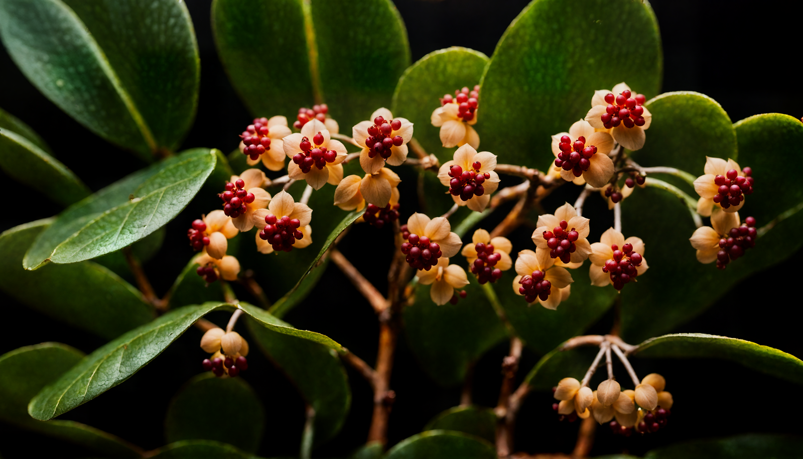 Hoya kerrii with heart-shaped leaves and clusters of pink flowers, in a planter with a dark background.