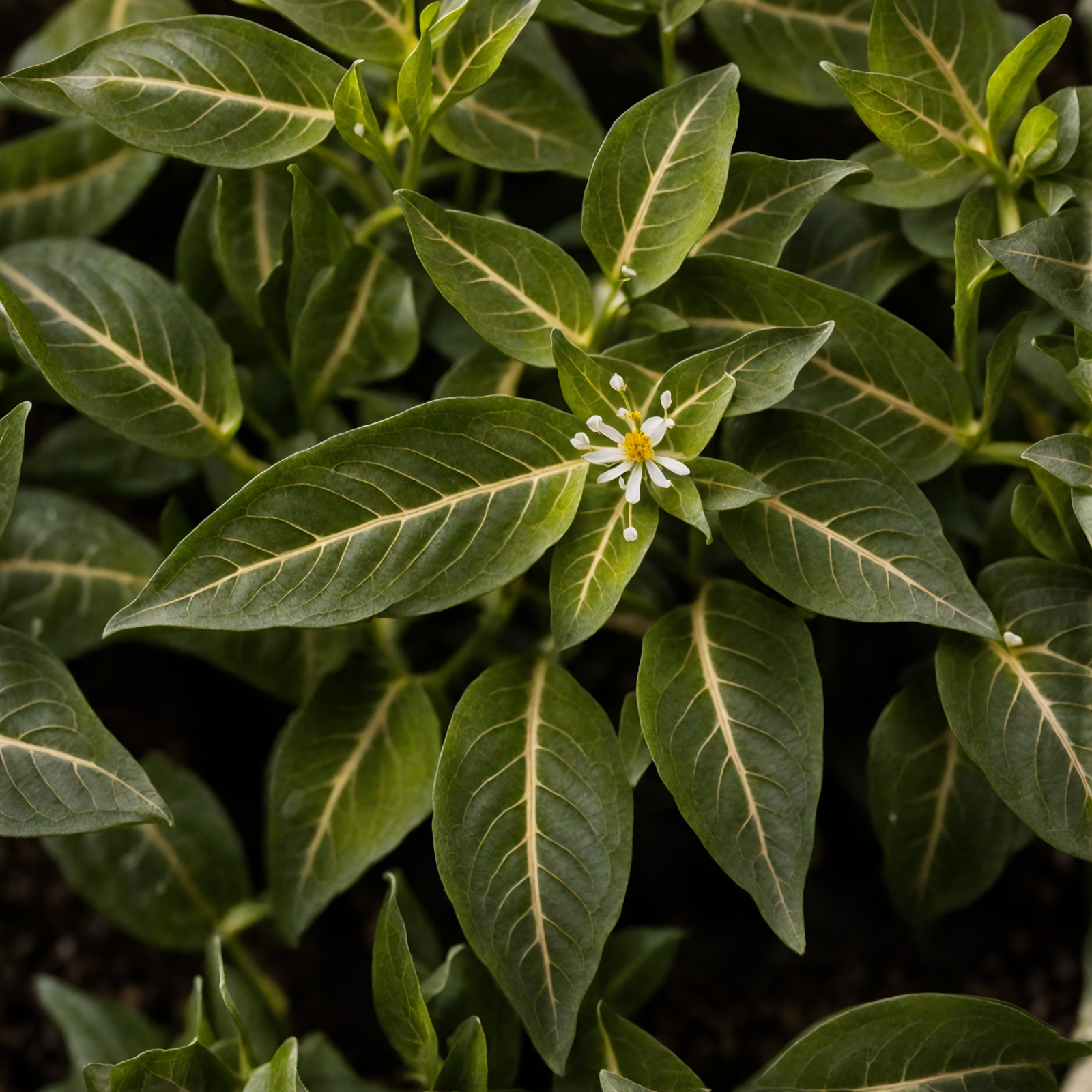 Hyper-realistic Cuphea ignea with vibrant white flowers and lush leaves, set against a dark background, indoors.