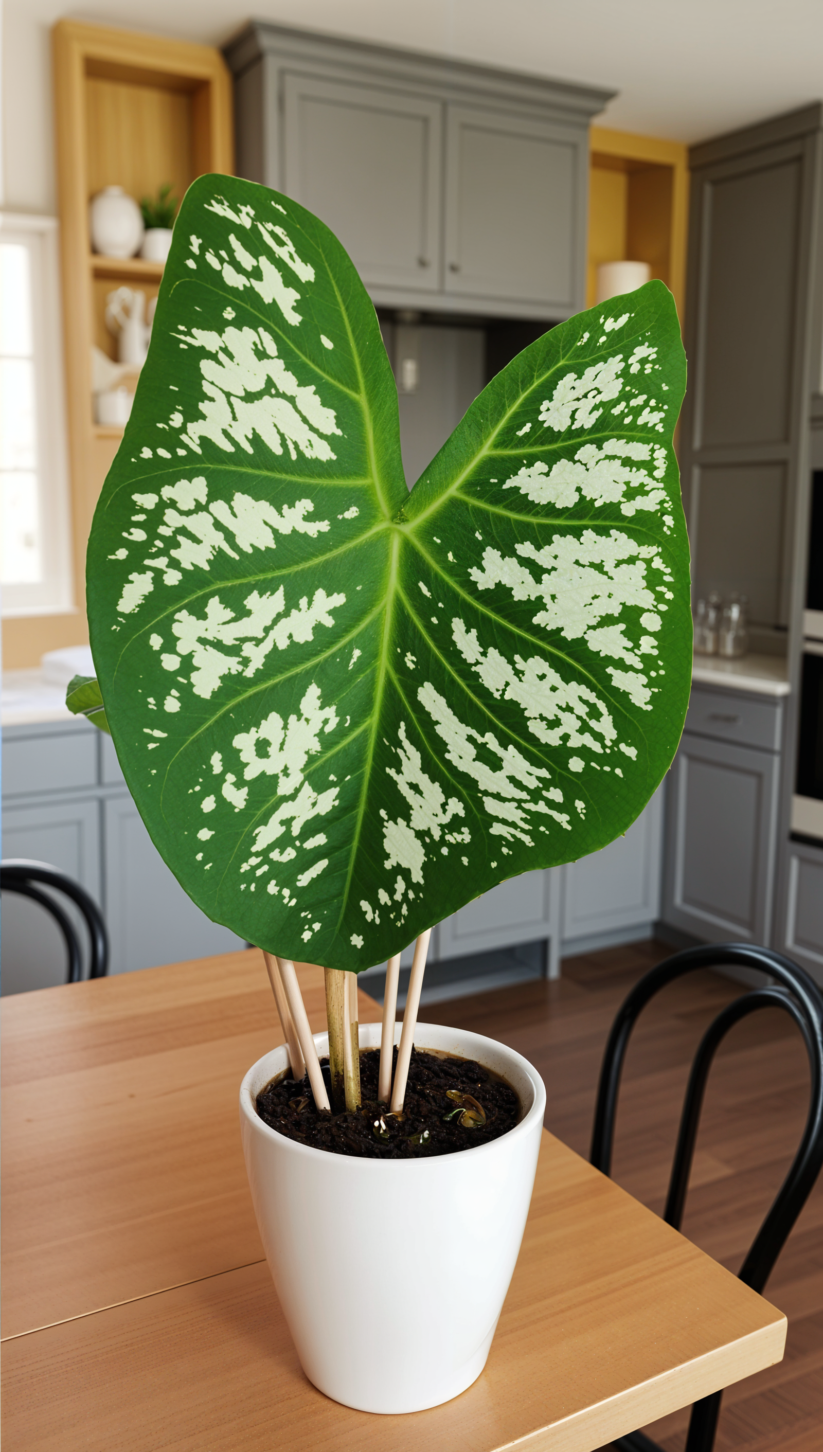 A Caladium bicolor plant in a white pot on a wooden table, lit by natural light.