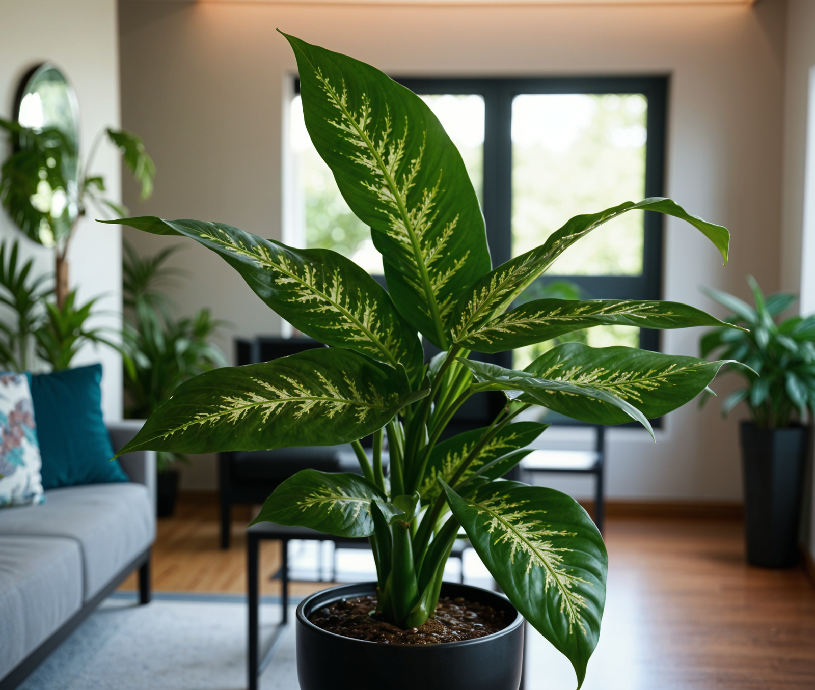 A large green Dieffenbachia plant in a black pot, set against a neutral background.