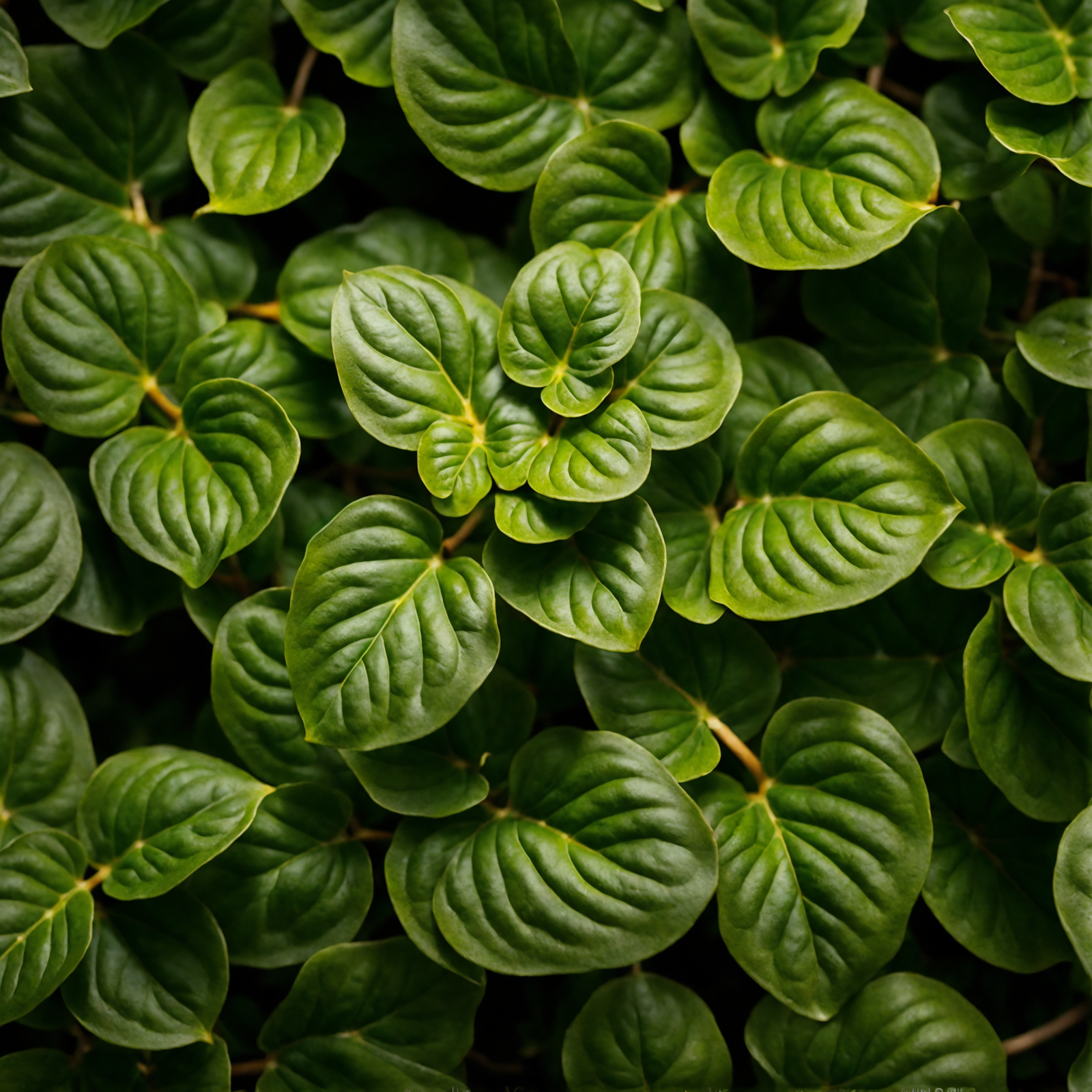 Lush Lysimachia nummularia (creeping Jenny) in a planter, with vivid leaves, clear indoor lighting, against a dark backdrop.
