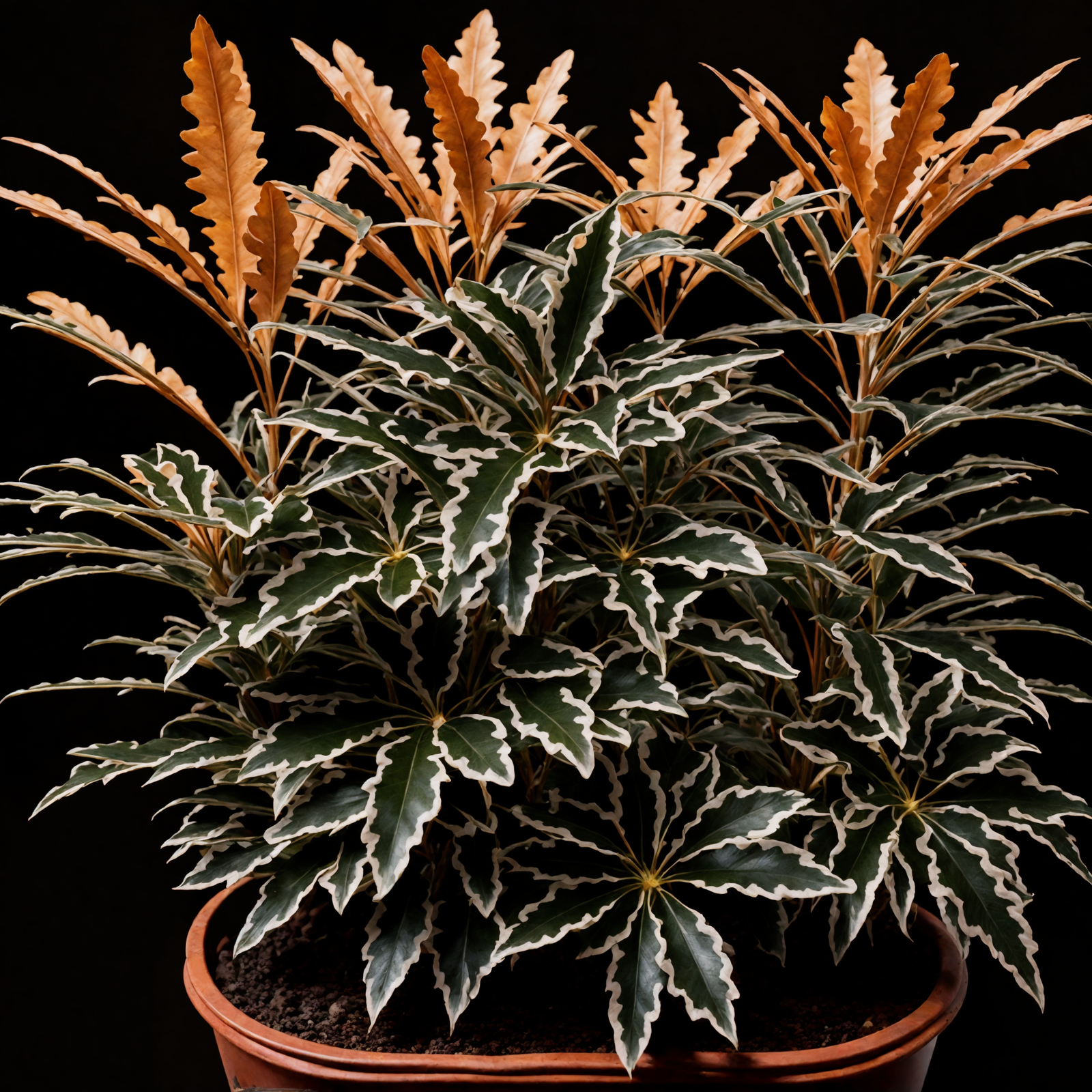 Plerandra elegantissima, a lush green shrub in a pot, with clear lighting against a dark background.