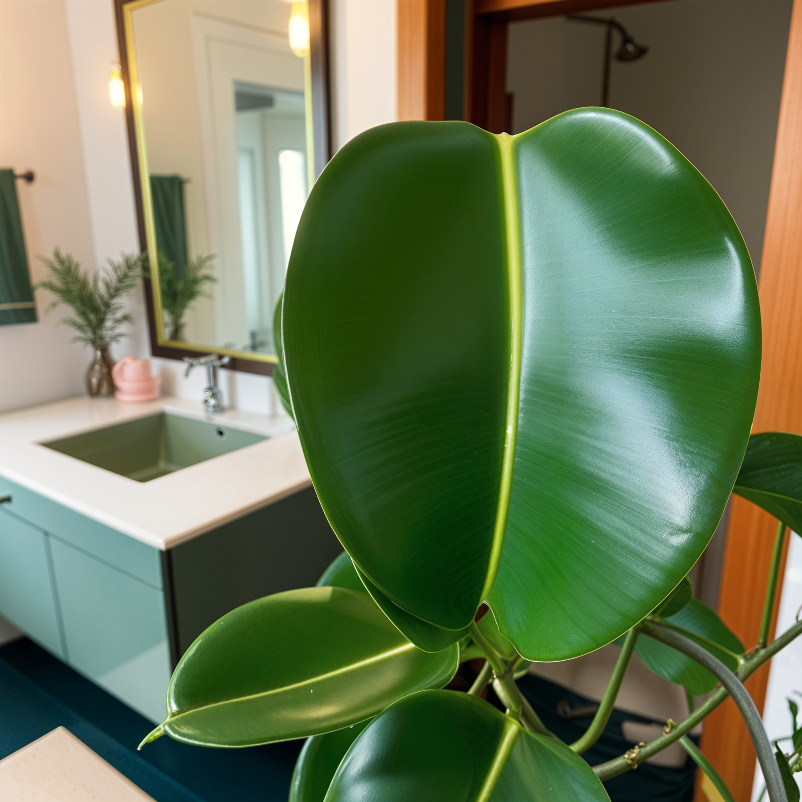 A large green Ficus elastica plant in a modern bathroom with natural lighting.