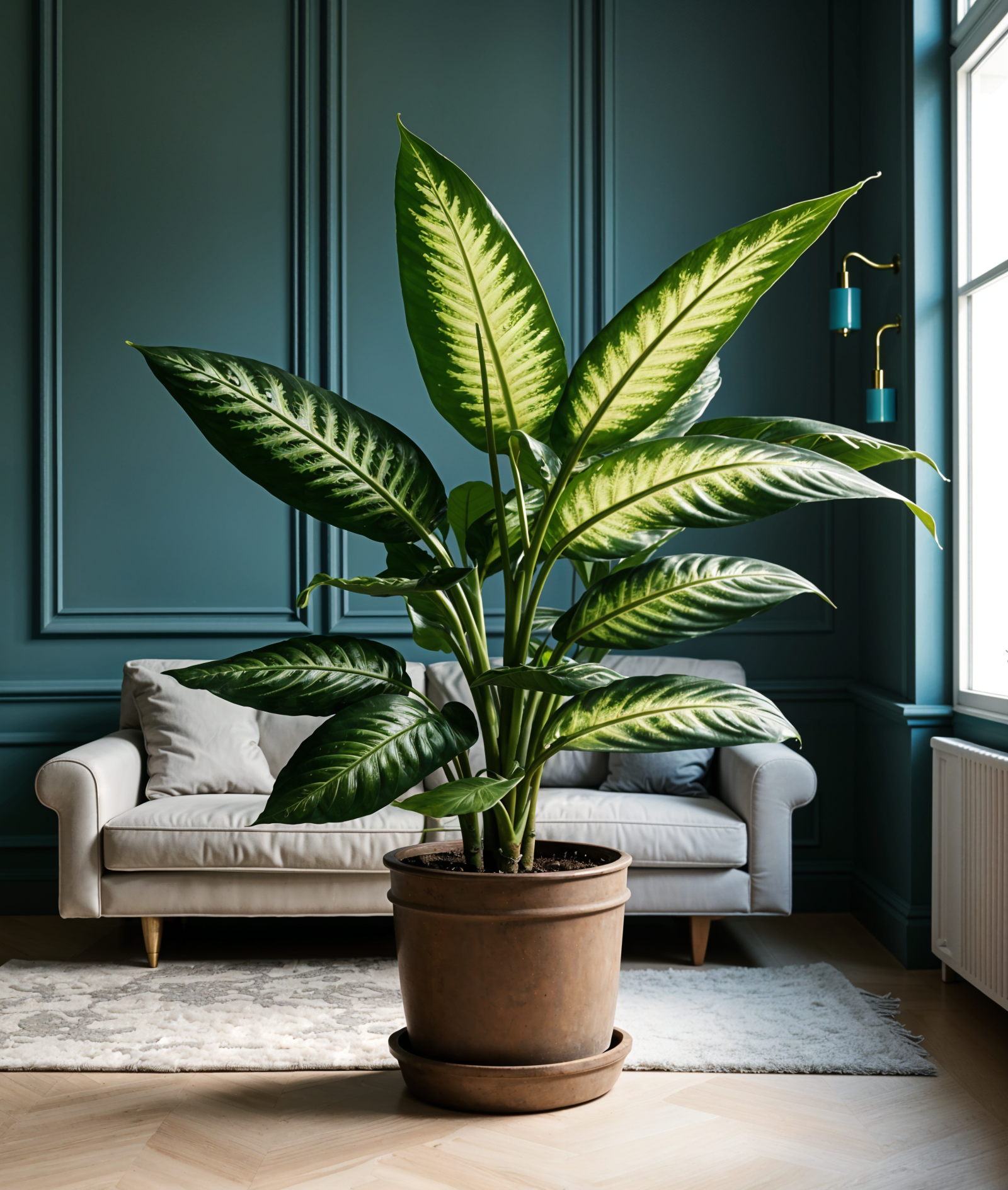 A large green Dieffenbachia seguine plant in a modern planter, set against a clean minimal room with natural lighting.