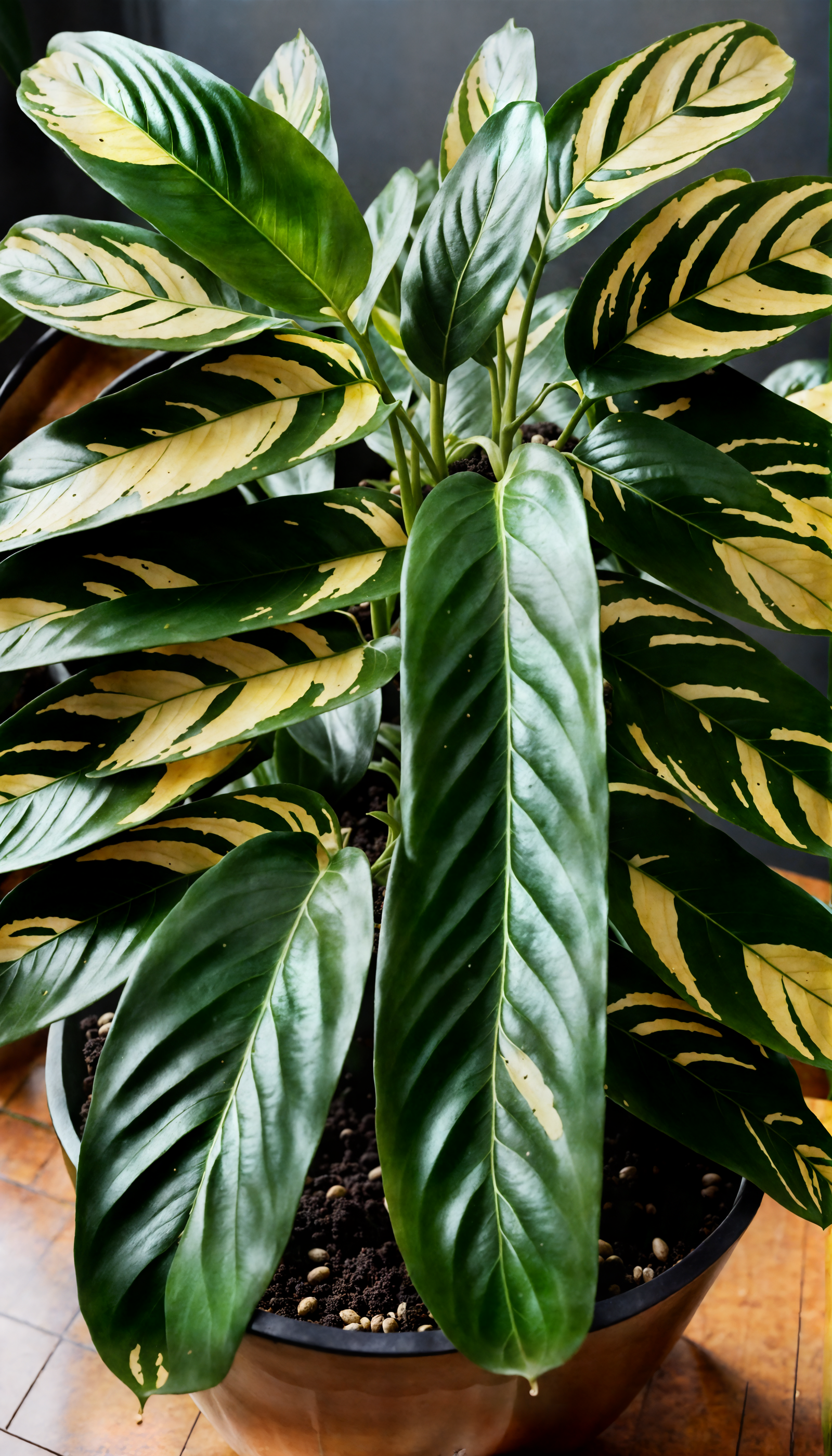 Ctenanthe lubbersiana in a planter on a wood floor, with clear lighting and a dark background.