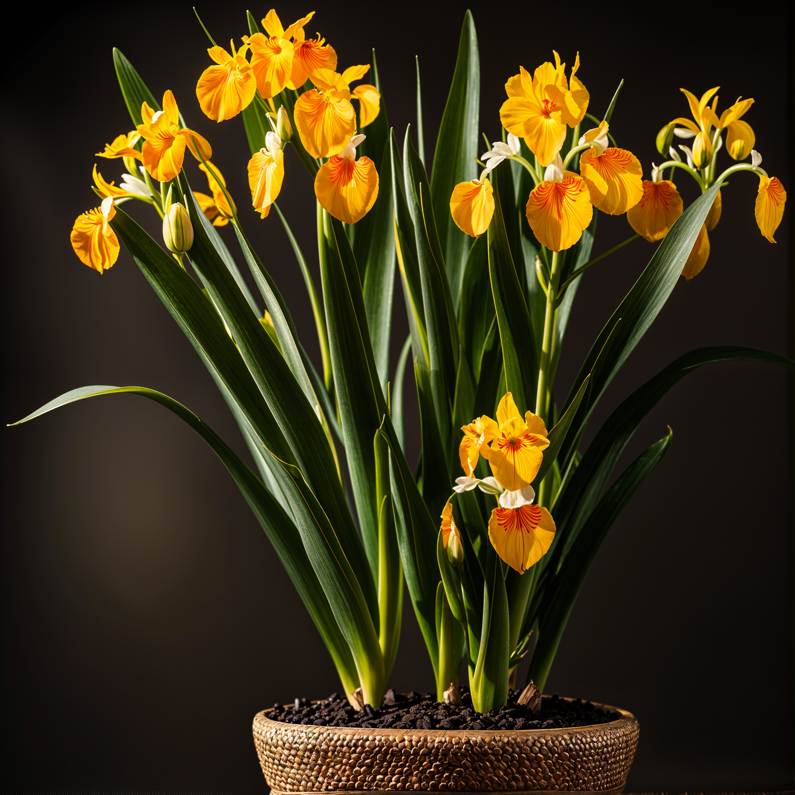 Iris pseudacorus plant with flower in a planter, under clear indoor lighting, dark background.