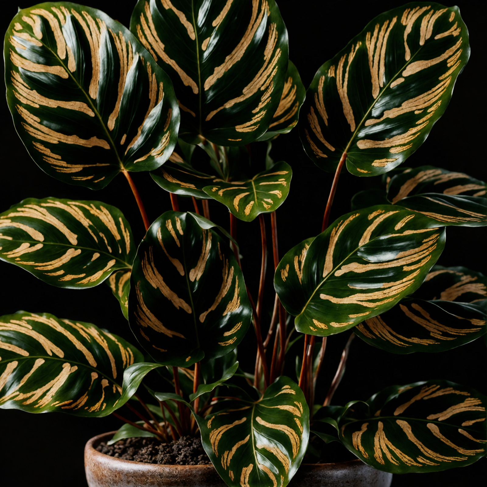 Trio of unripe bananas with a Goeppertia makoyana plant, in clear indoor lighting against a dark backdrop.